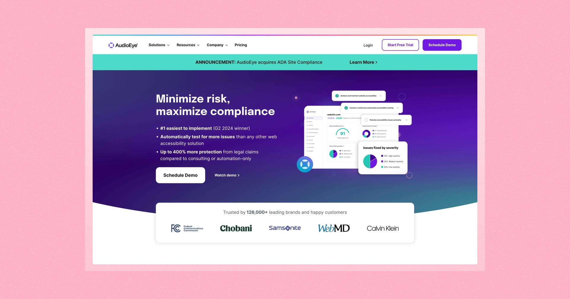 audioeye website homepage with the headline 'minimize risk, maximize compliane'