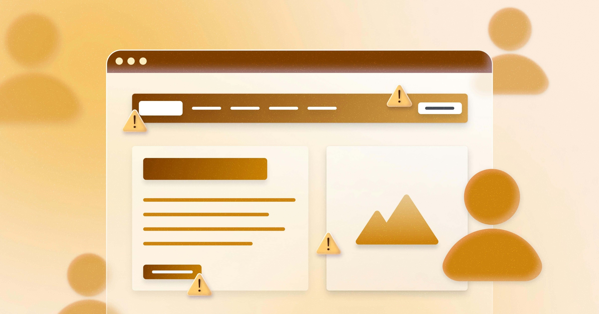 A stylized web browser is shown with error symbols.