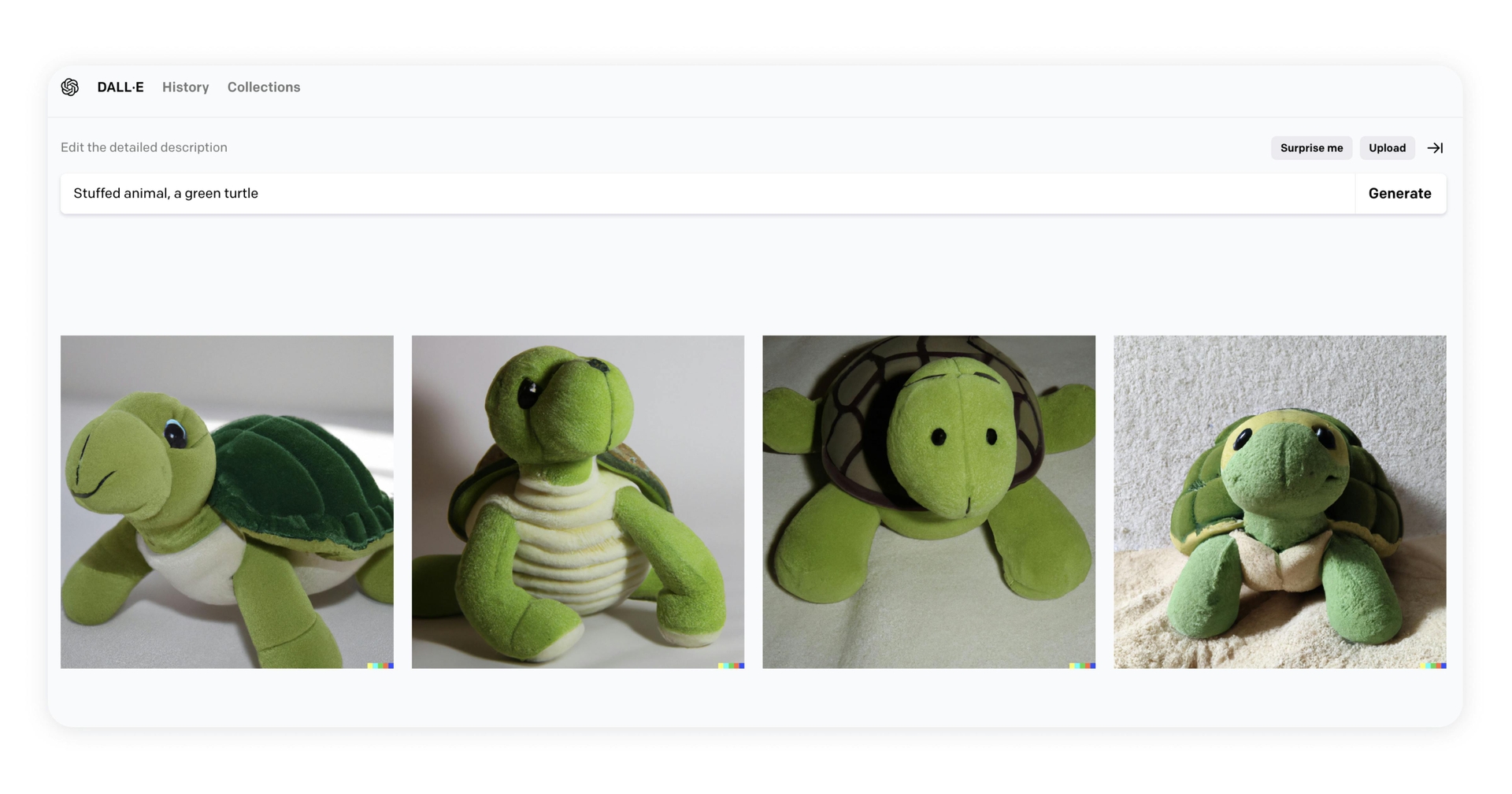 A series of stuffed animal turtles under a search bar with the phrase "Stuffed animal, a green turtle."