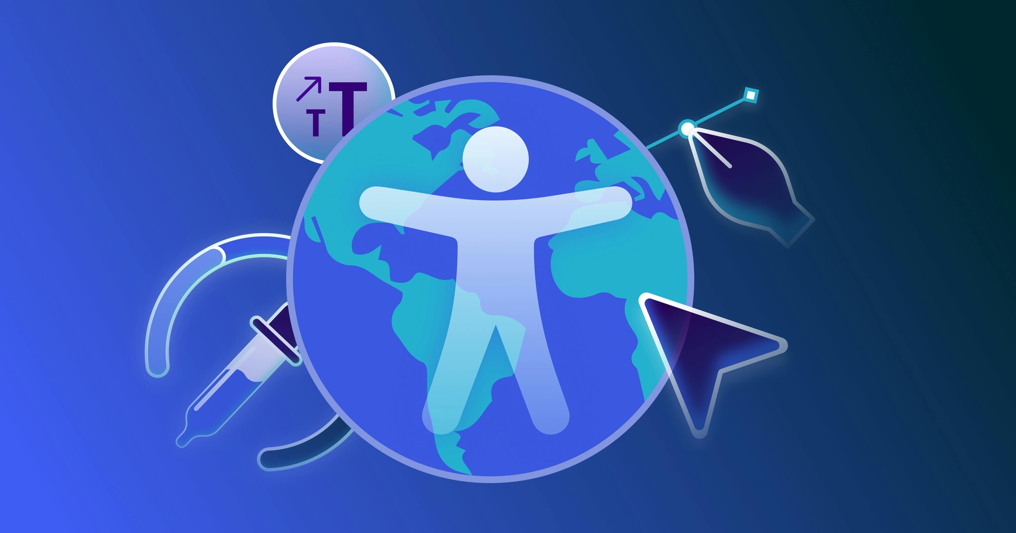 Image of the world with accessibility logo in the middle surrounded by web design tools.