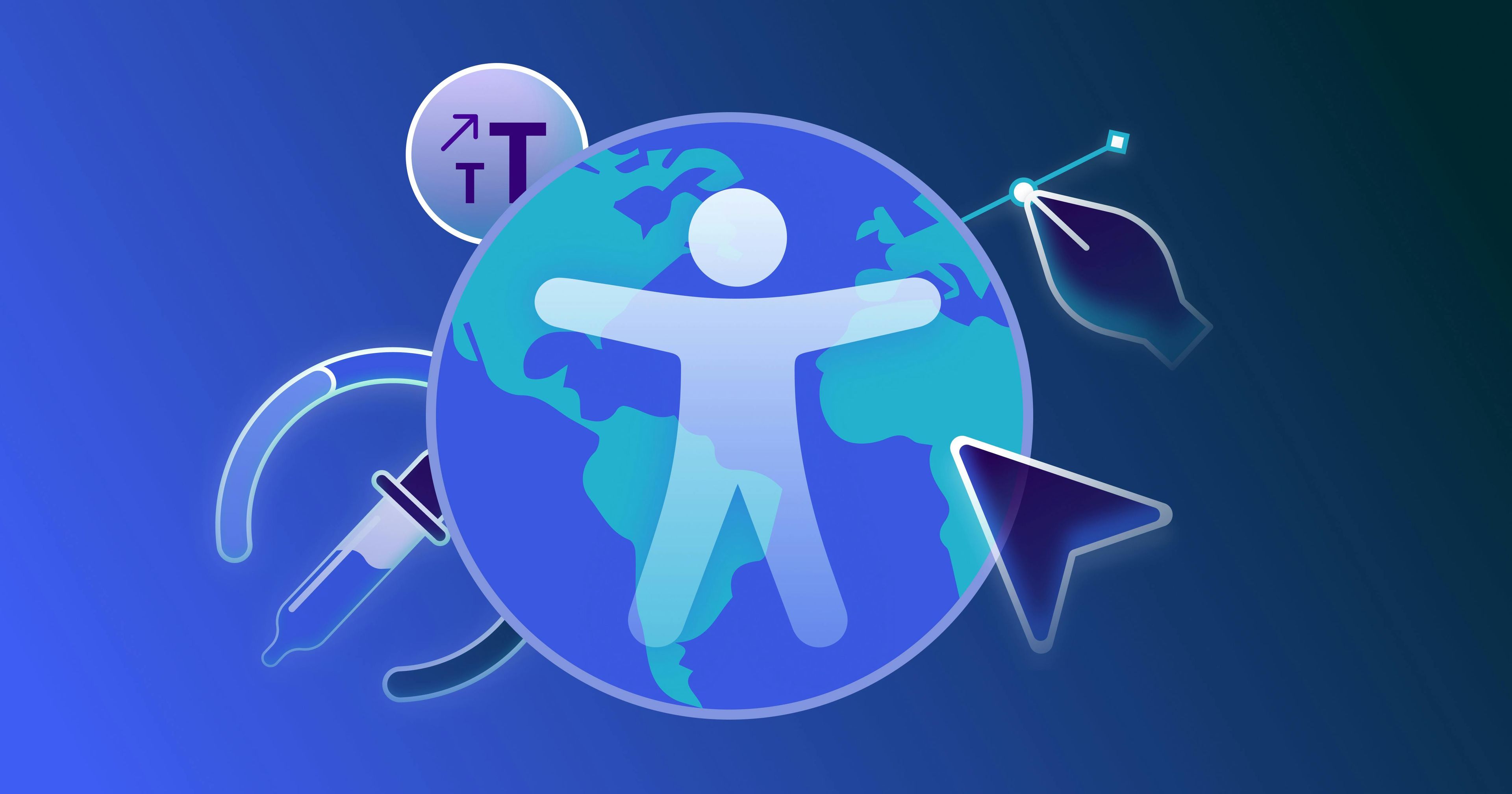 Image du monde avec un logo d’accessibilité au centre entouré d’outils de conception web.