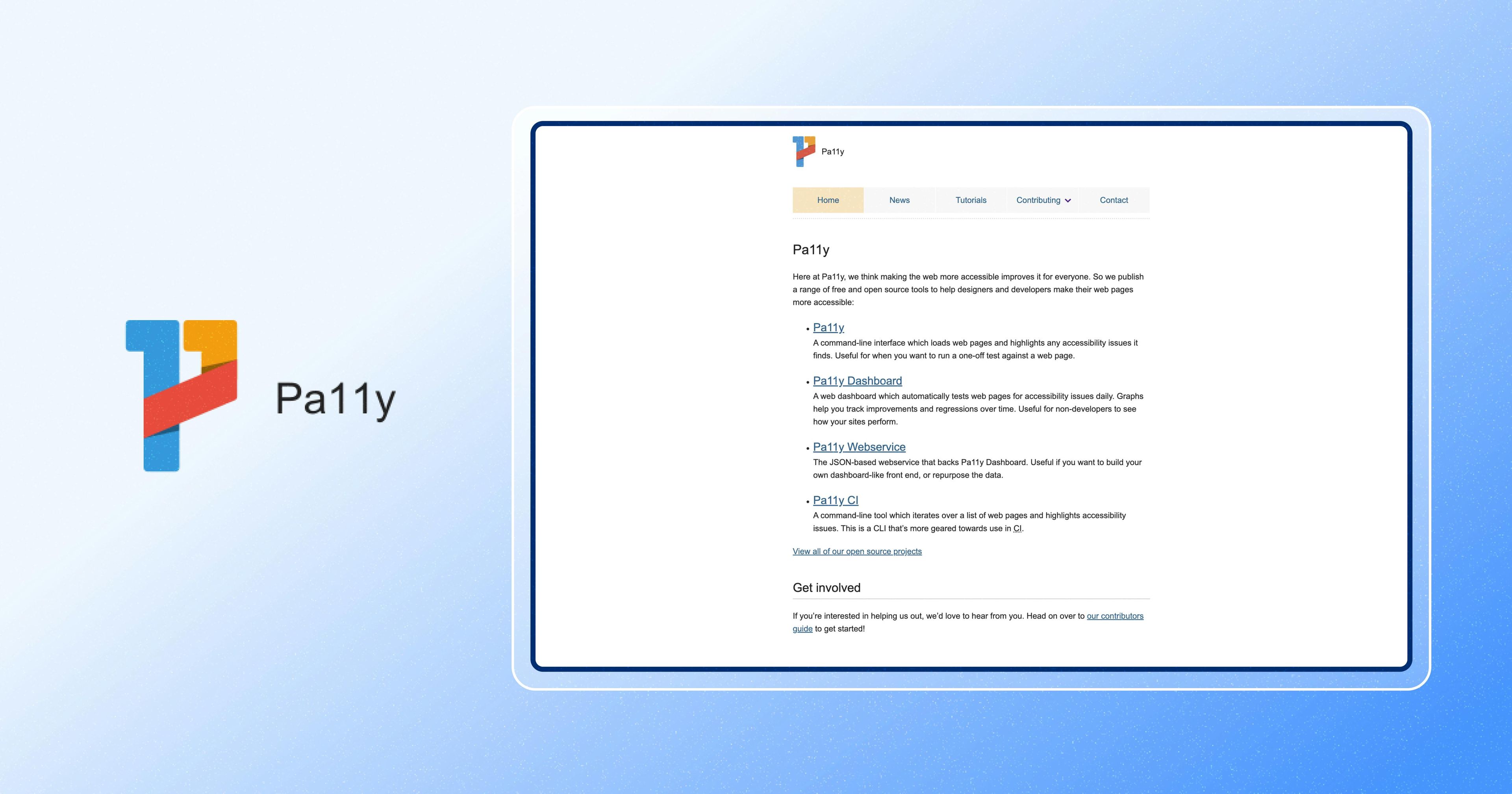 Screenshot of Pa11y homepage with Pa11y logo next to it.