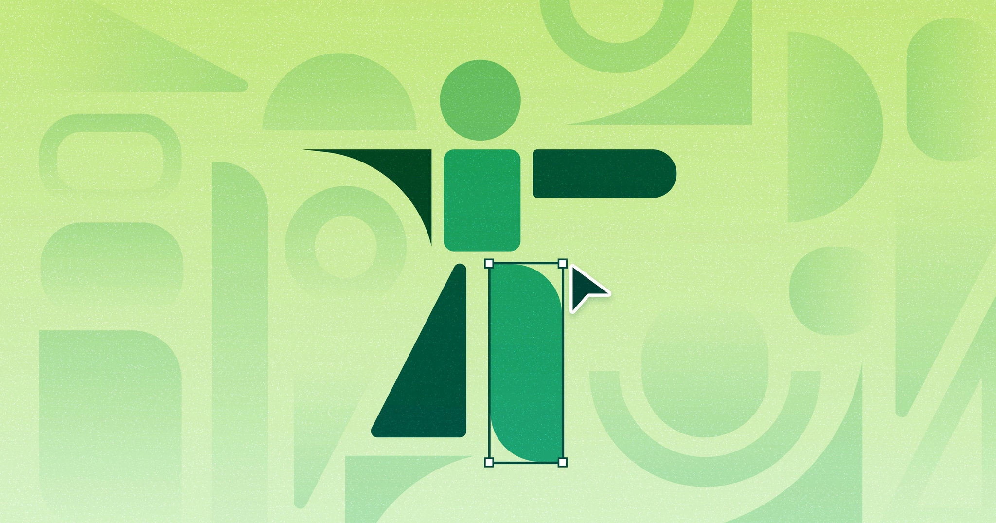 Several faint green shapes surround the accessibility person symbol built out of geometric vector shapes. A cursor floats beside the right leg shape, editing it's vector points.