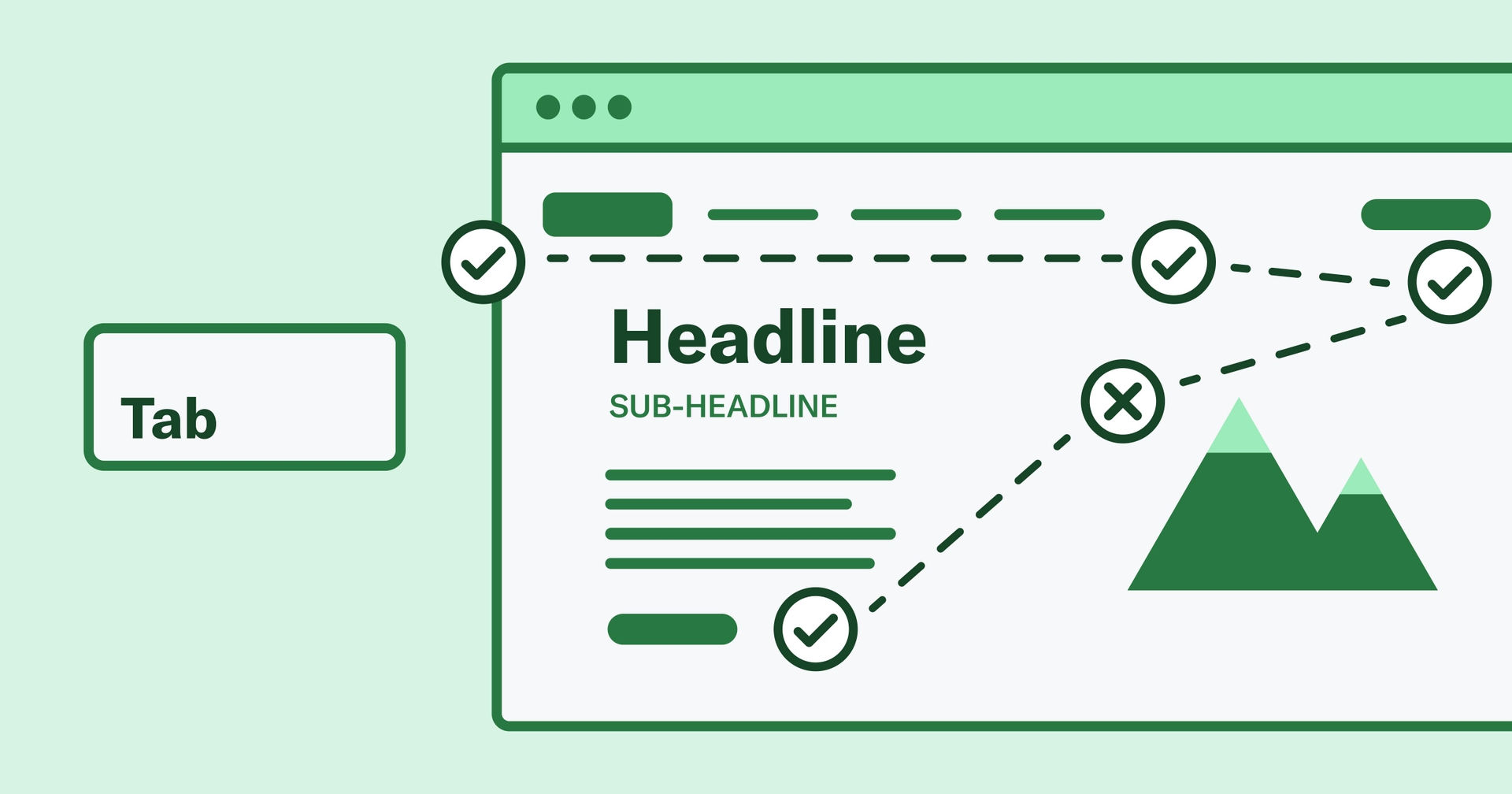 A stylized browser with checkmarks next to the headline and body copy, showing how a user might navigate through a web page.