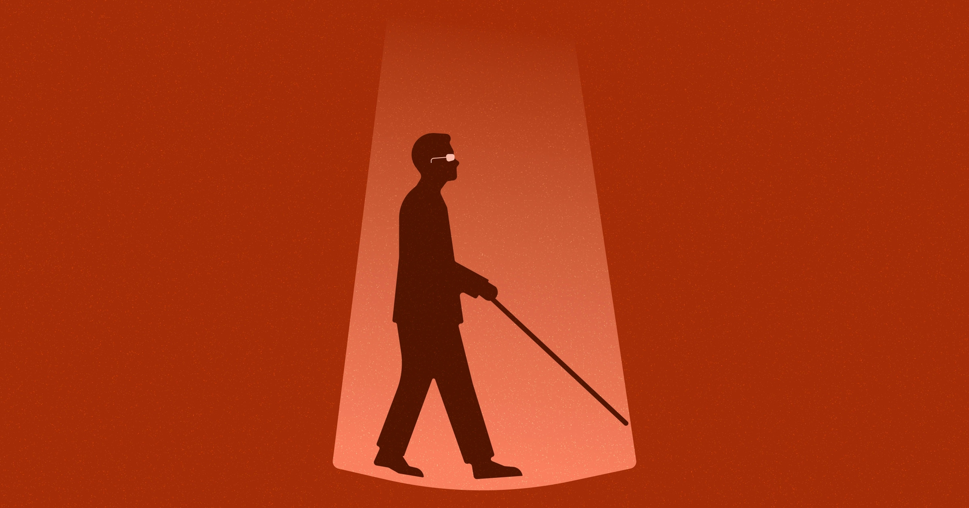 Silhouette of a blind man walking in a spotlight holding a cane against a red background.
