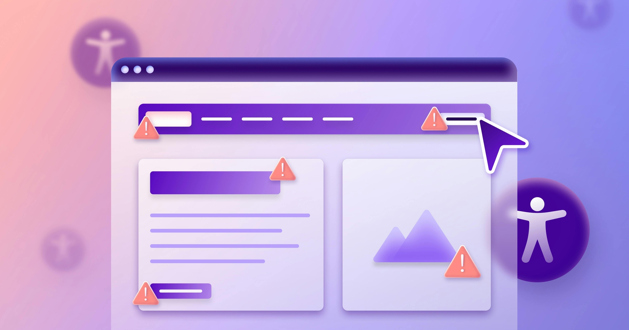 A stylized web browser that shows a number of accessibility errors, with floating accessibility icons in the background
