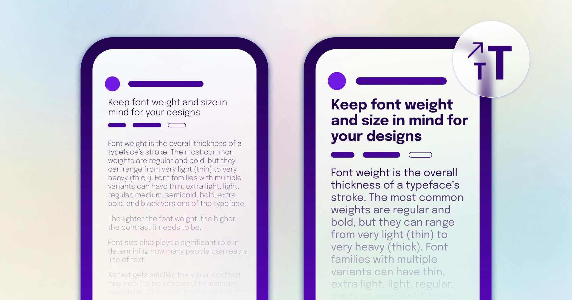 A comparison between a webpage that uses thin, small font and one that uses larger, bolder font.