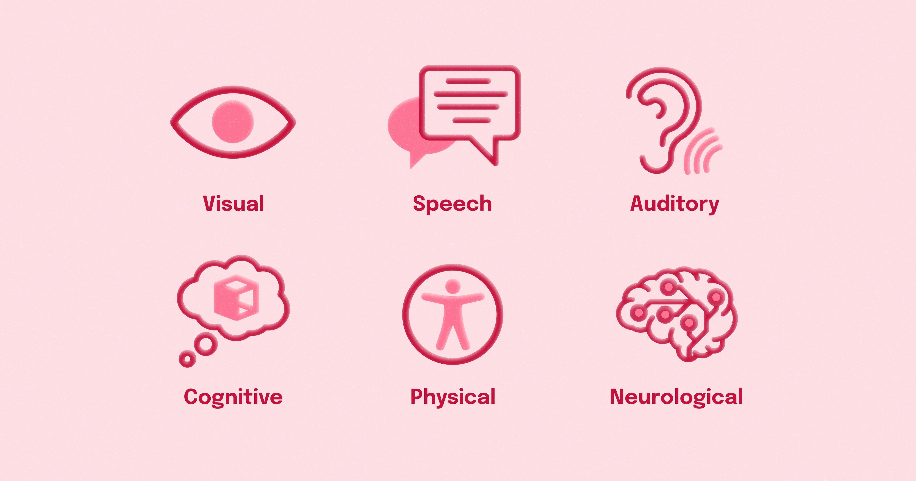 A list of icons representing different disabilities: Visual, Speech, Auditory, Cognitive, Physical, Neurological