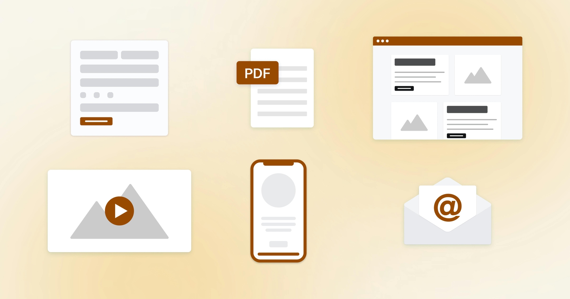 Form, PDF, internet browser, video, mobile phone, and email icon