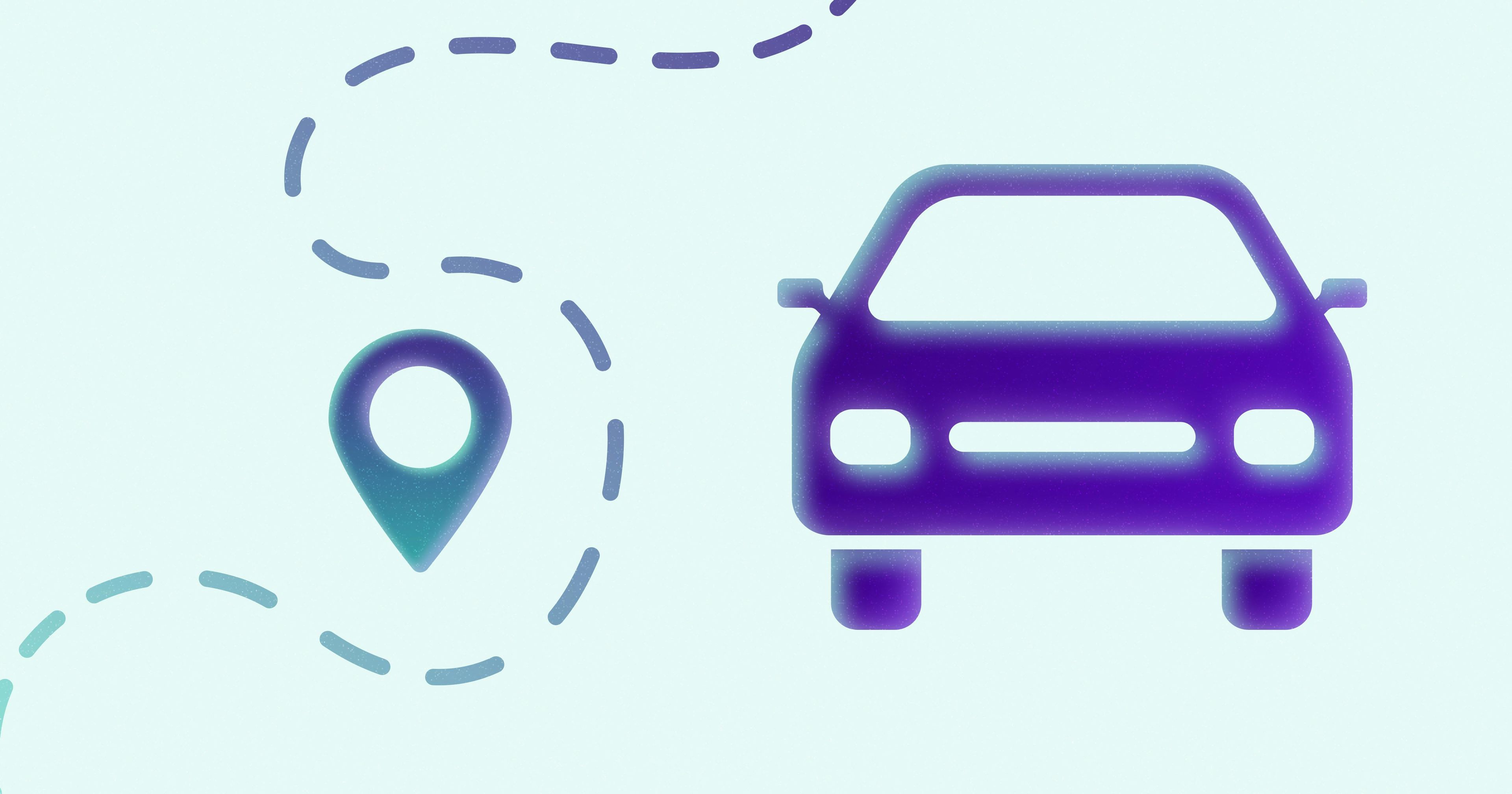 An icon of a car next to a pin and dashed lines representing a road.