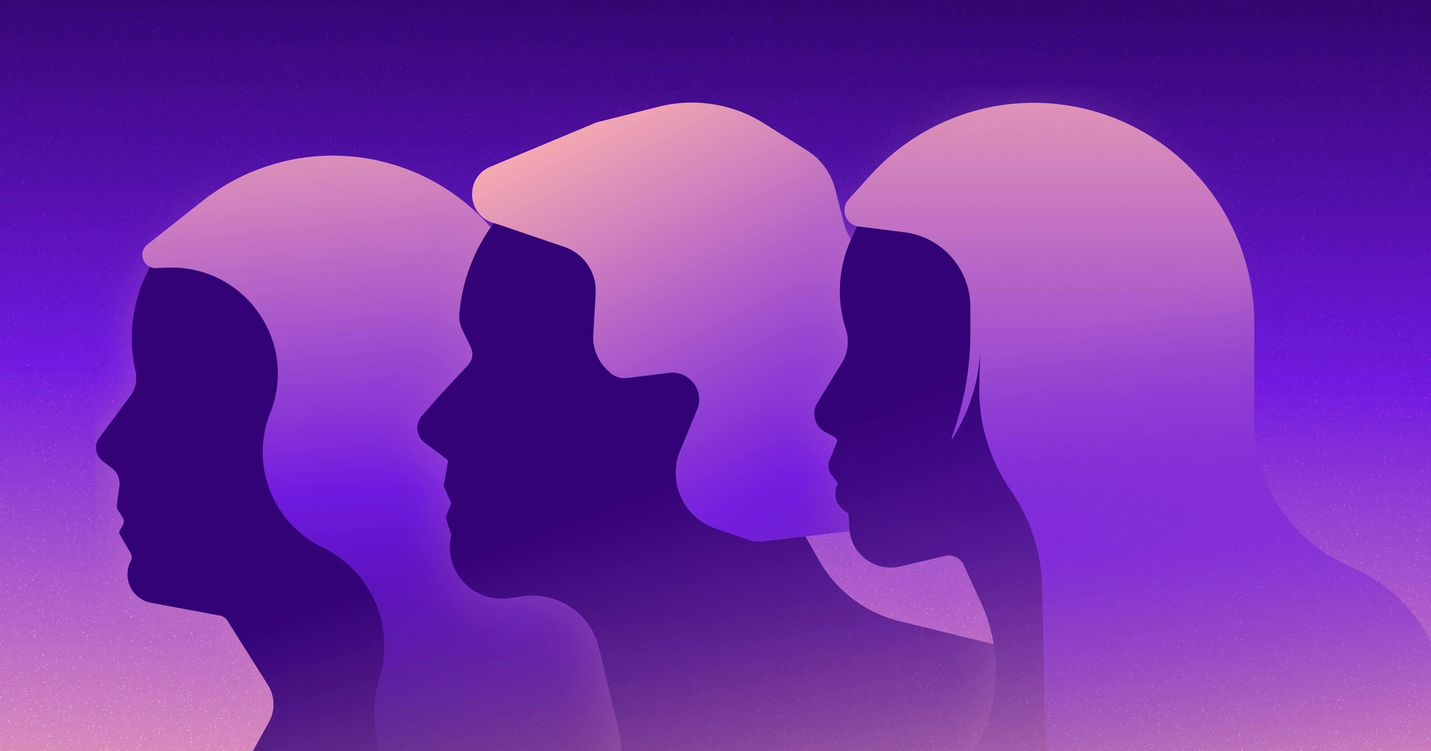 Purple silhouettes of three women looking to the right.