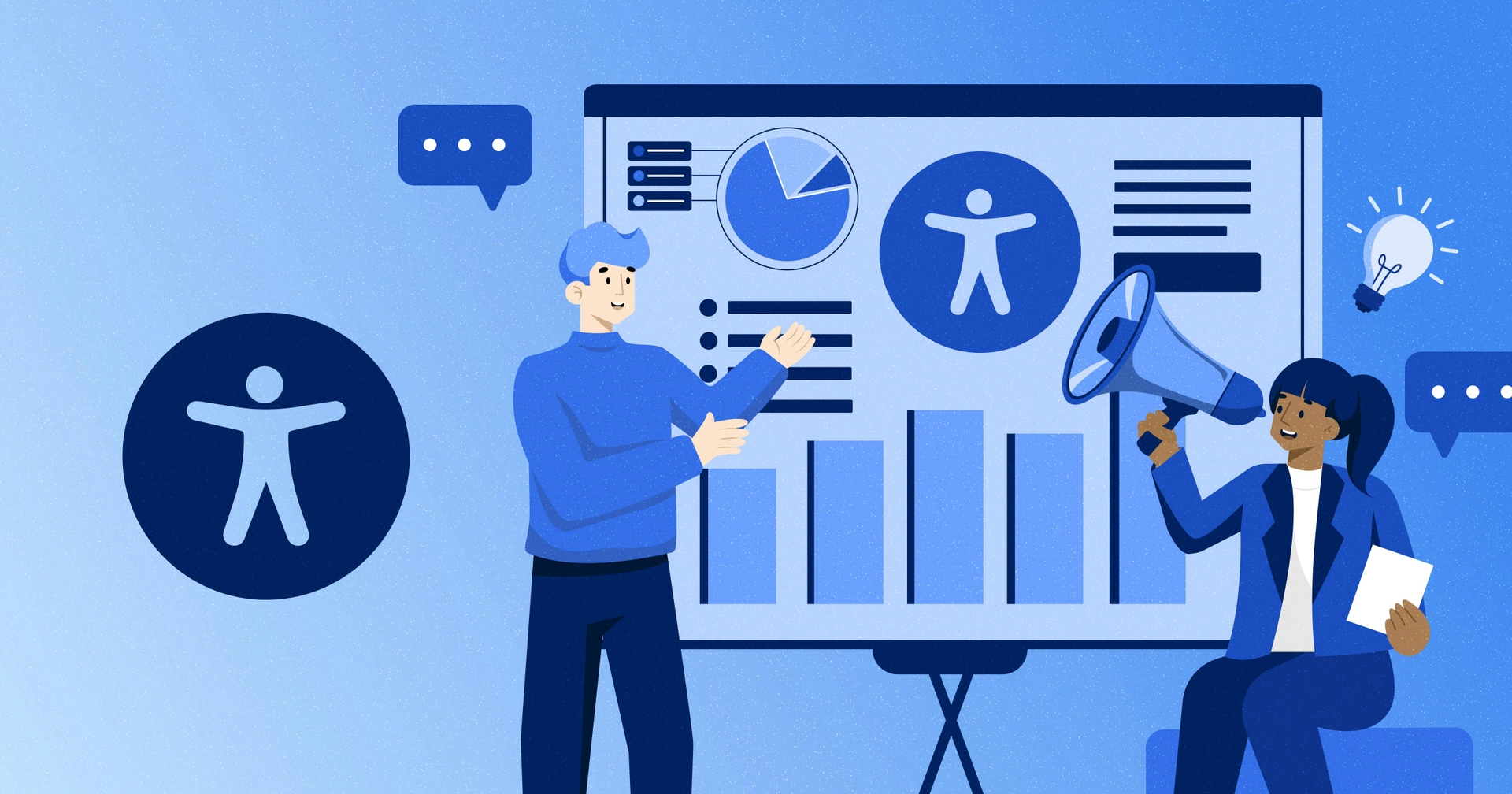 Stylized projection screen with a man standing and pointing at the accessibility icon and a sitting woman holding a bullhorn next to the screen. A large accessibility icon is also on the left-hand side of the screen.