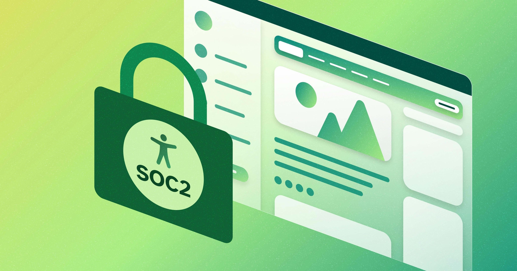 A stylized illustration of a website behind an accessibility symbol that is inside of a padlock, with the label SOC 2 beneath the accessibility symbol.