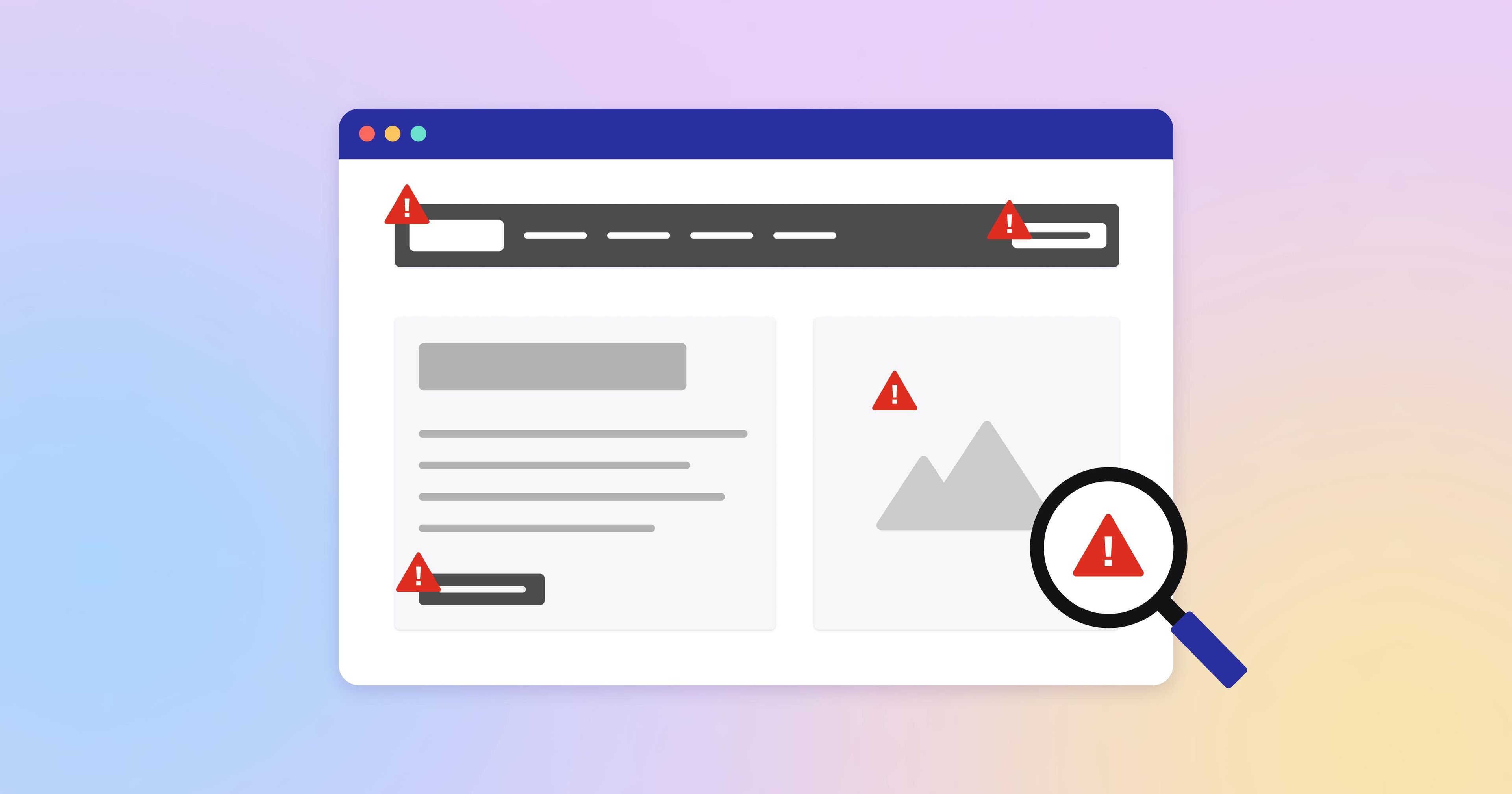 Ein Internetbrowser mit Warnmeldungen und einer Lupe