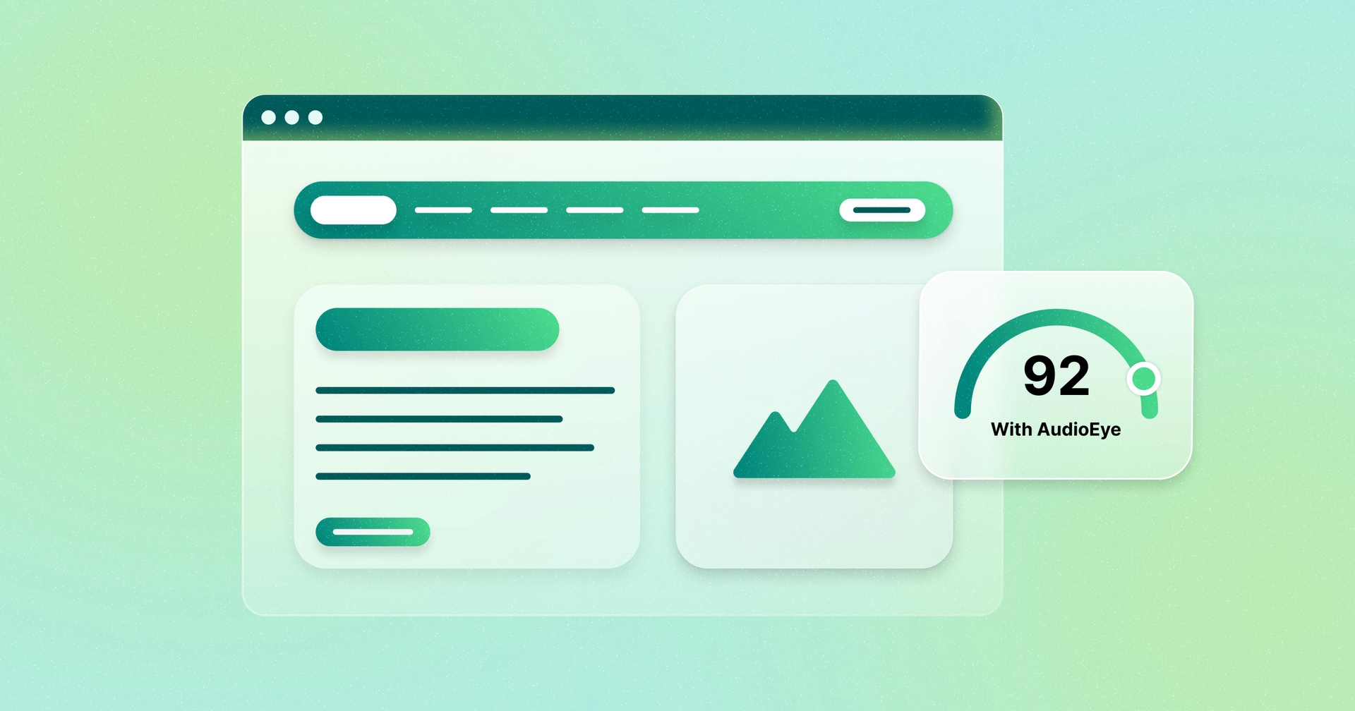 A stylized web page next to a chart that shows the site's accessibility score ("92") and the caption "With AudioEye."