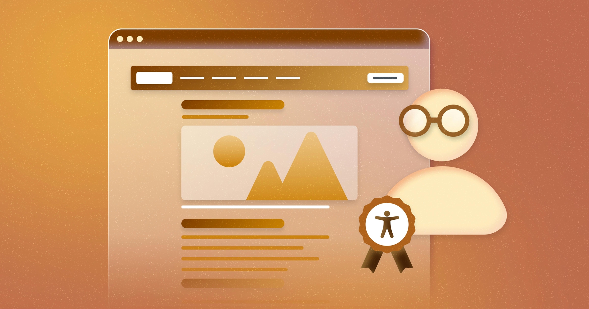 An icon of a person wearing a ribbon that has an accessibility icon on it, next to a stylized webpage