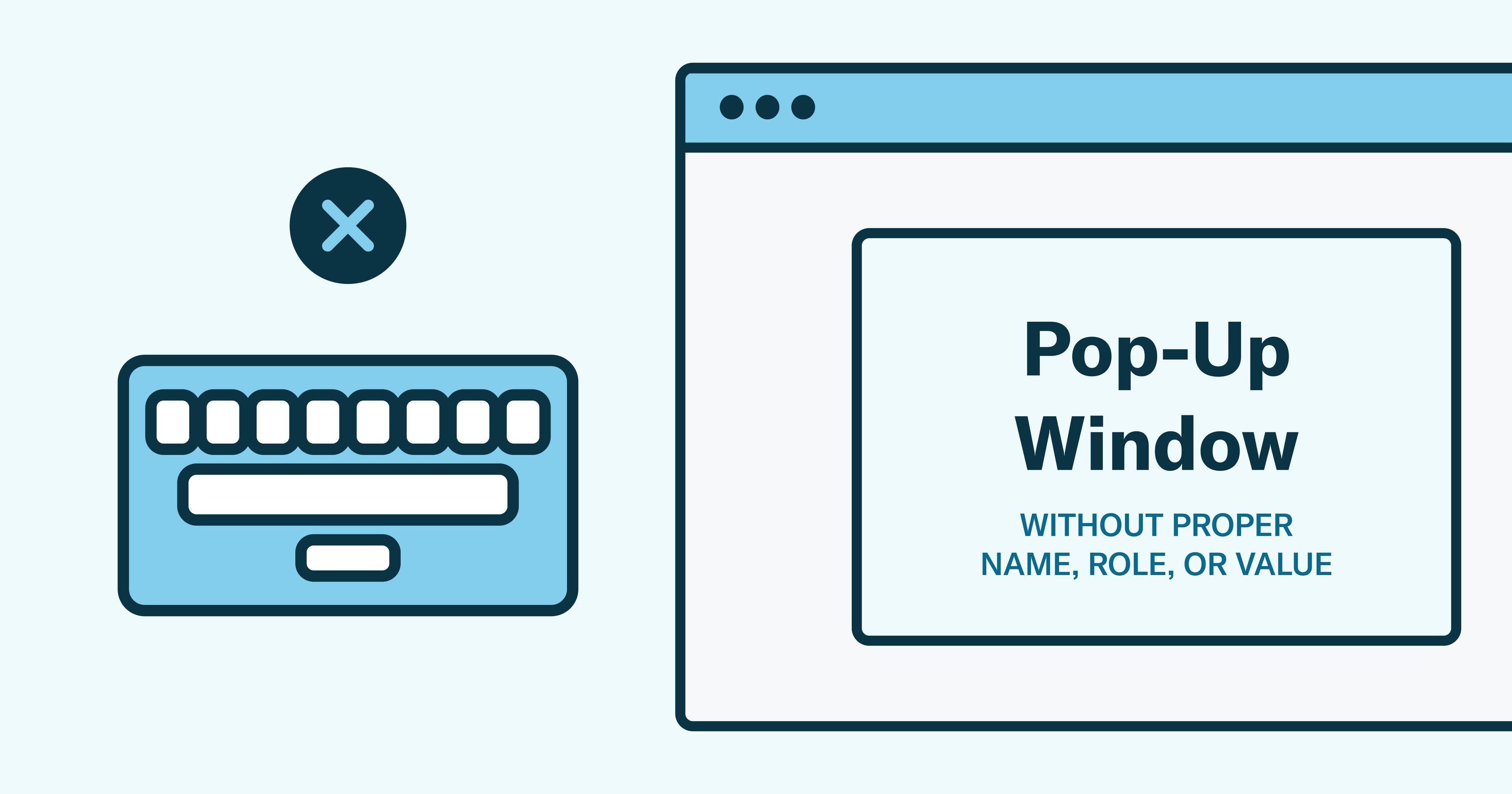 A typewriter is shown with an X on top, to the right of a webpage reading, "Pop-up Window, without proper name, role, or value."
