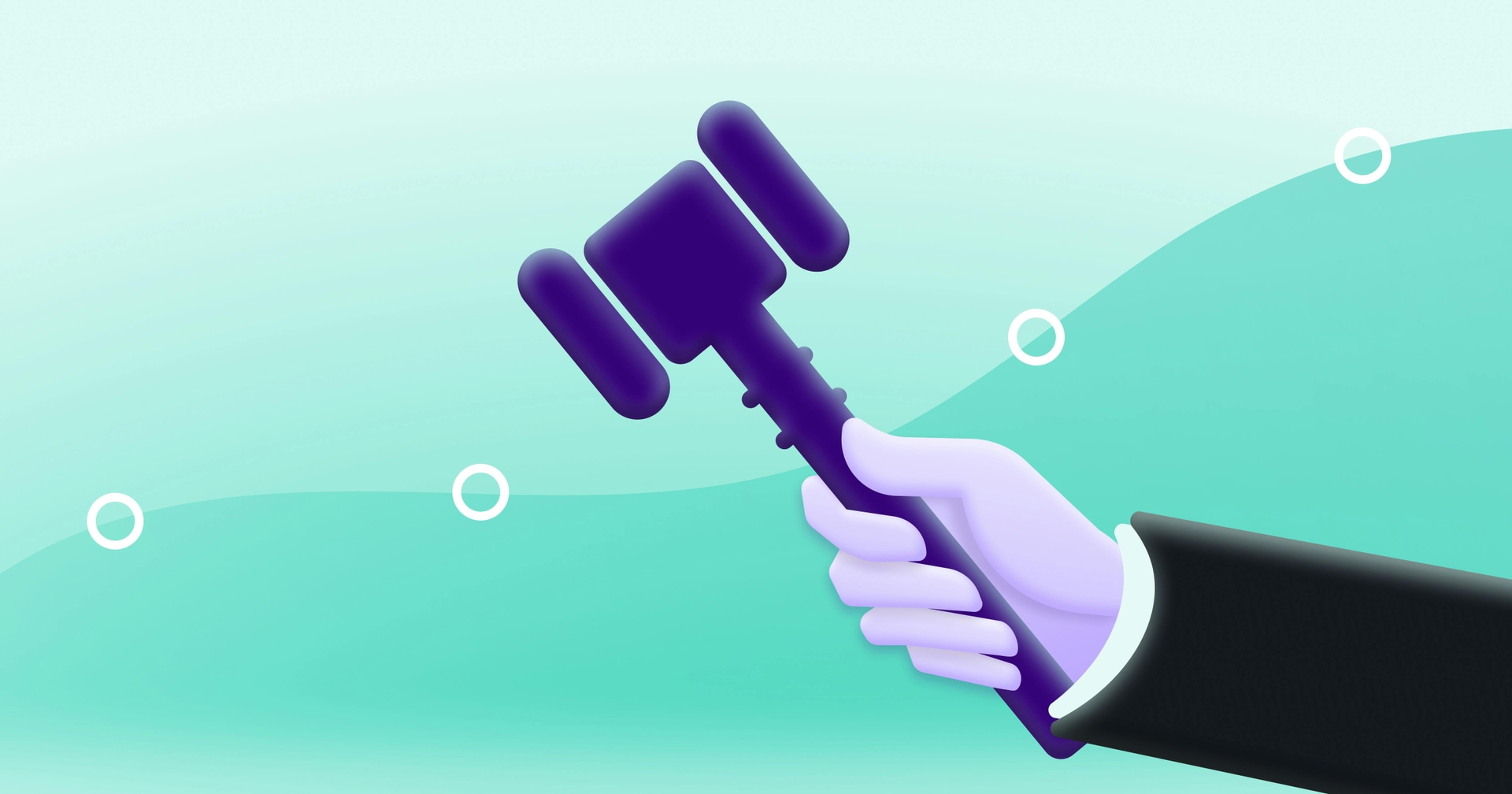 A hand holding a gavel, in front of a graph that is trending steadily up.