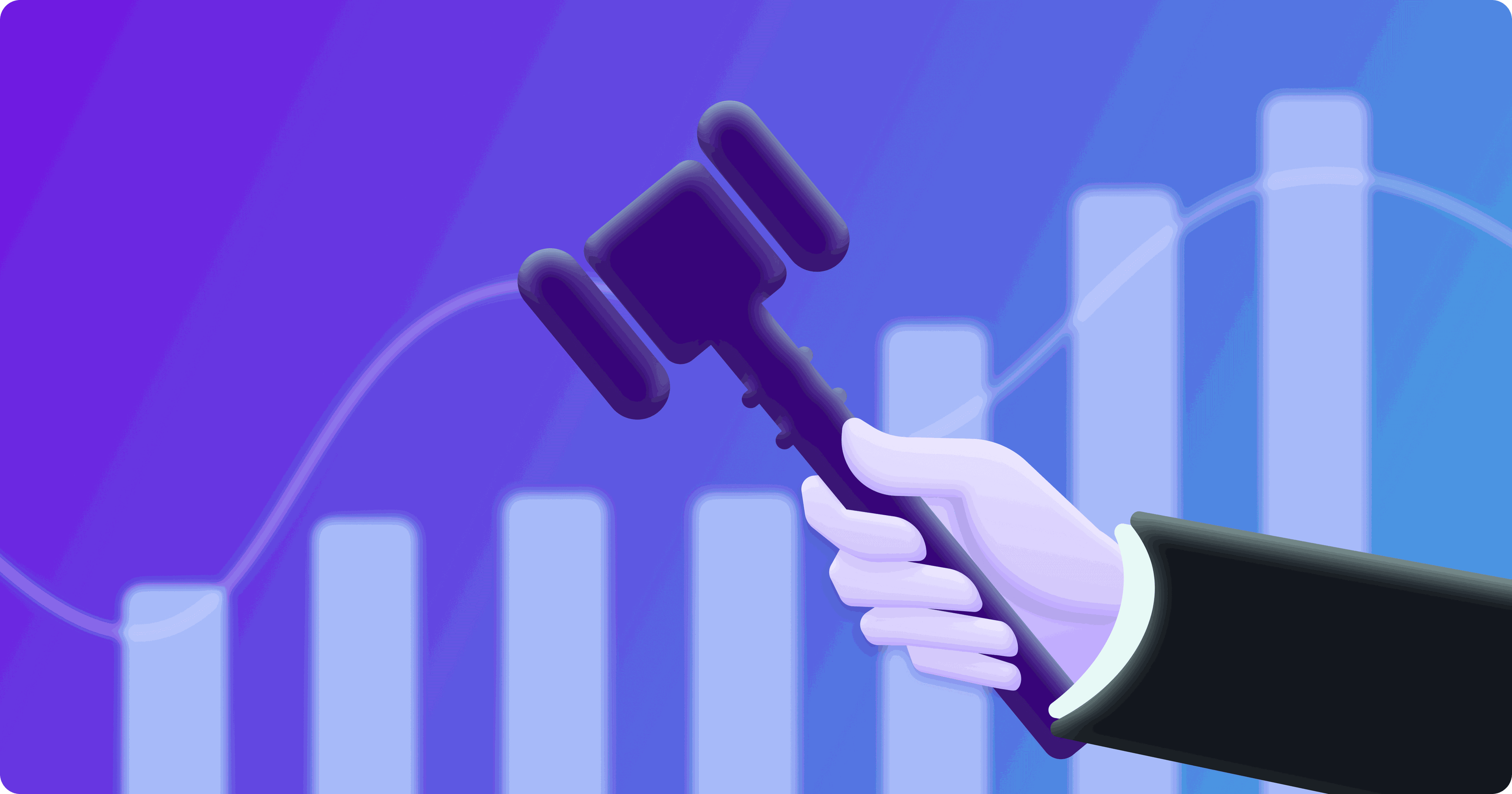 Generic data visualization of a bar chart and line graph with a hand holding a gavel in front.