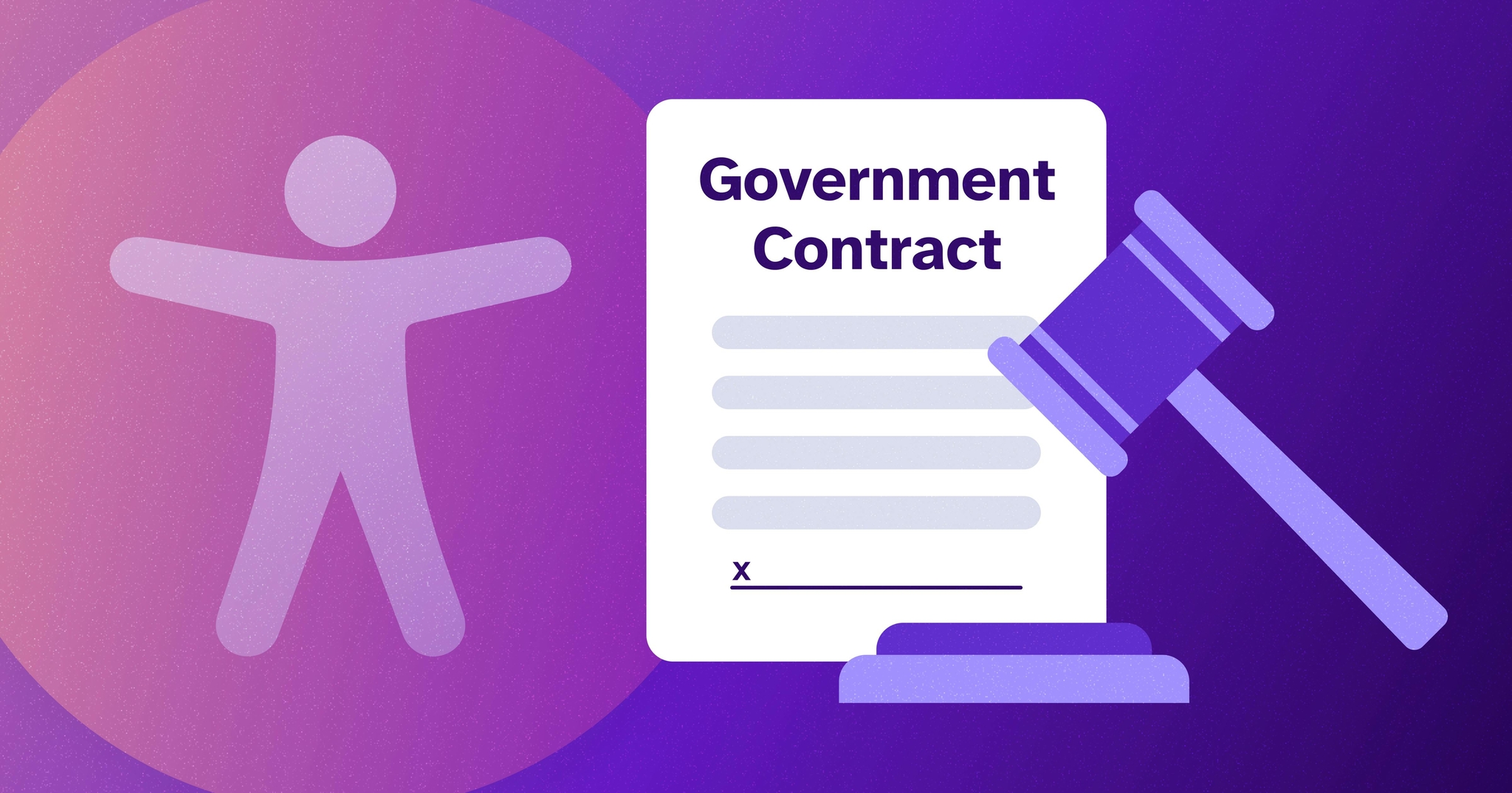 An accessibility symbol sits on a purple background, next to a blank government contract with a gavel in the foreground.