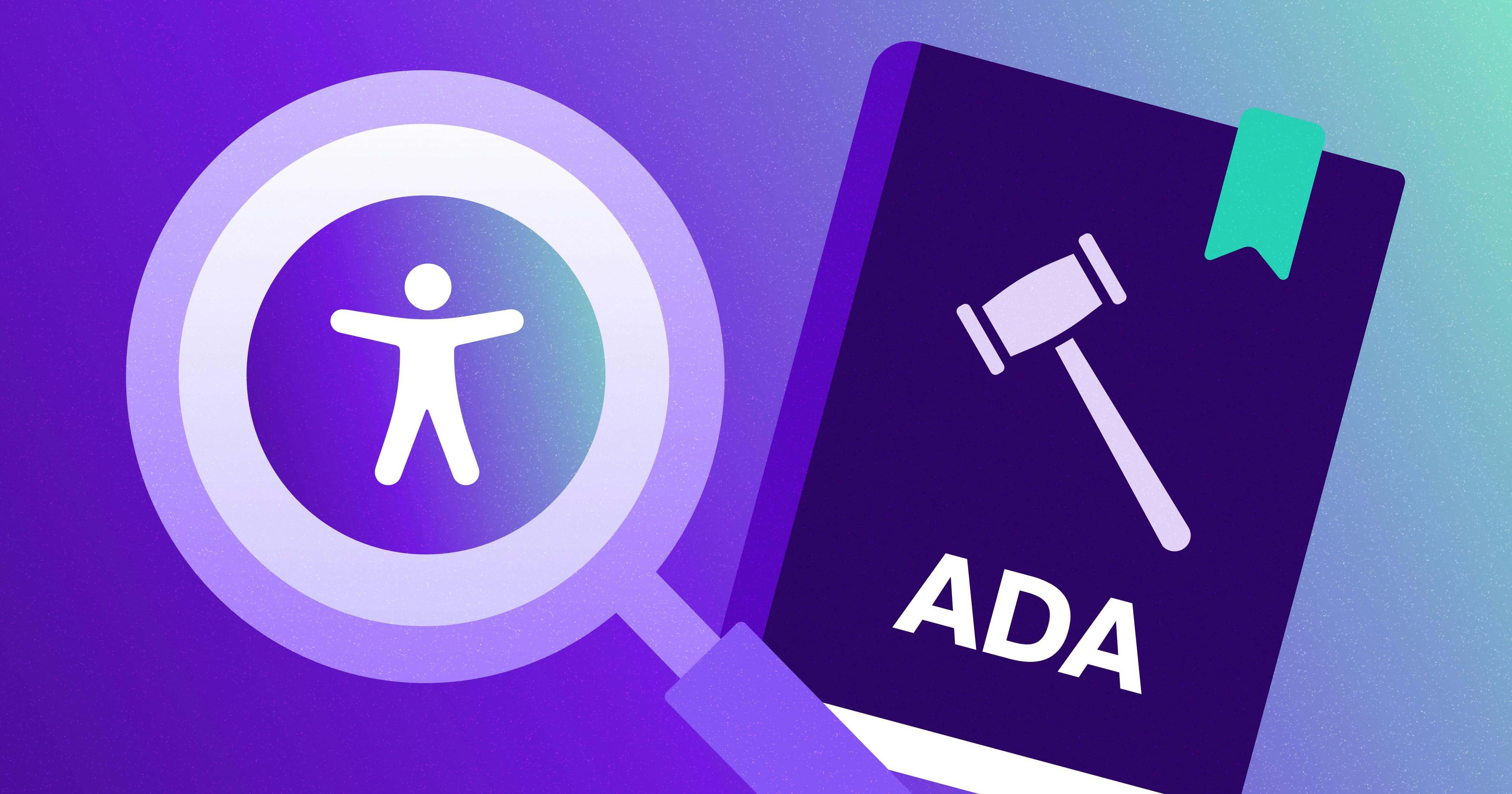 Book with 'ADA' printed on the front and a bookmark hanging on the top; a magnifying glass over the accessibility symbol is on the left side of the book.