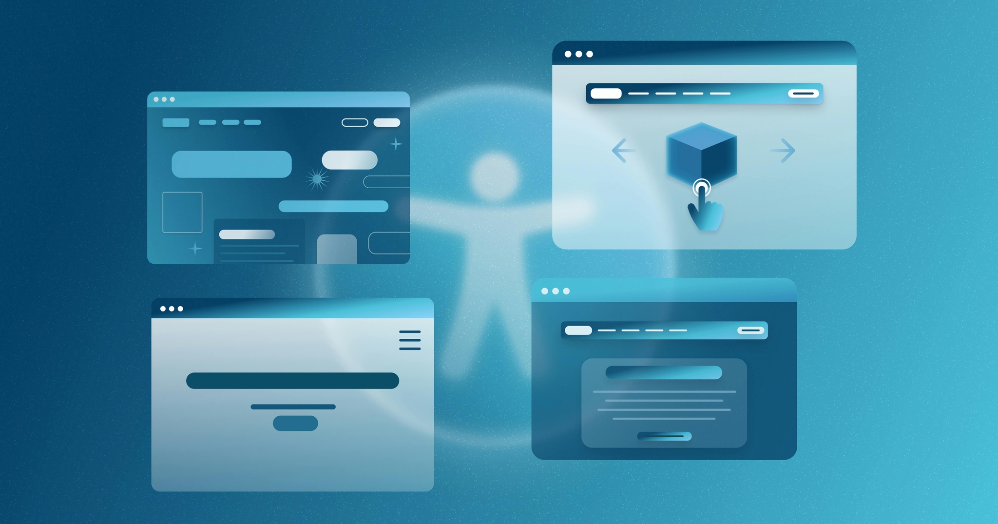 A collage of stylized web pages showing different accessibility issues, from dark mode with too-low contrast to elements that require mousing or fine-motor control.