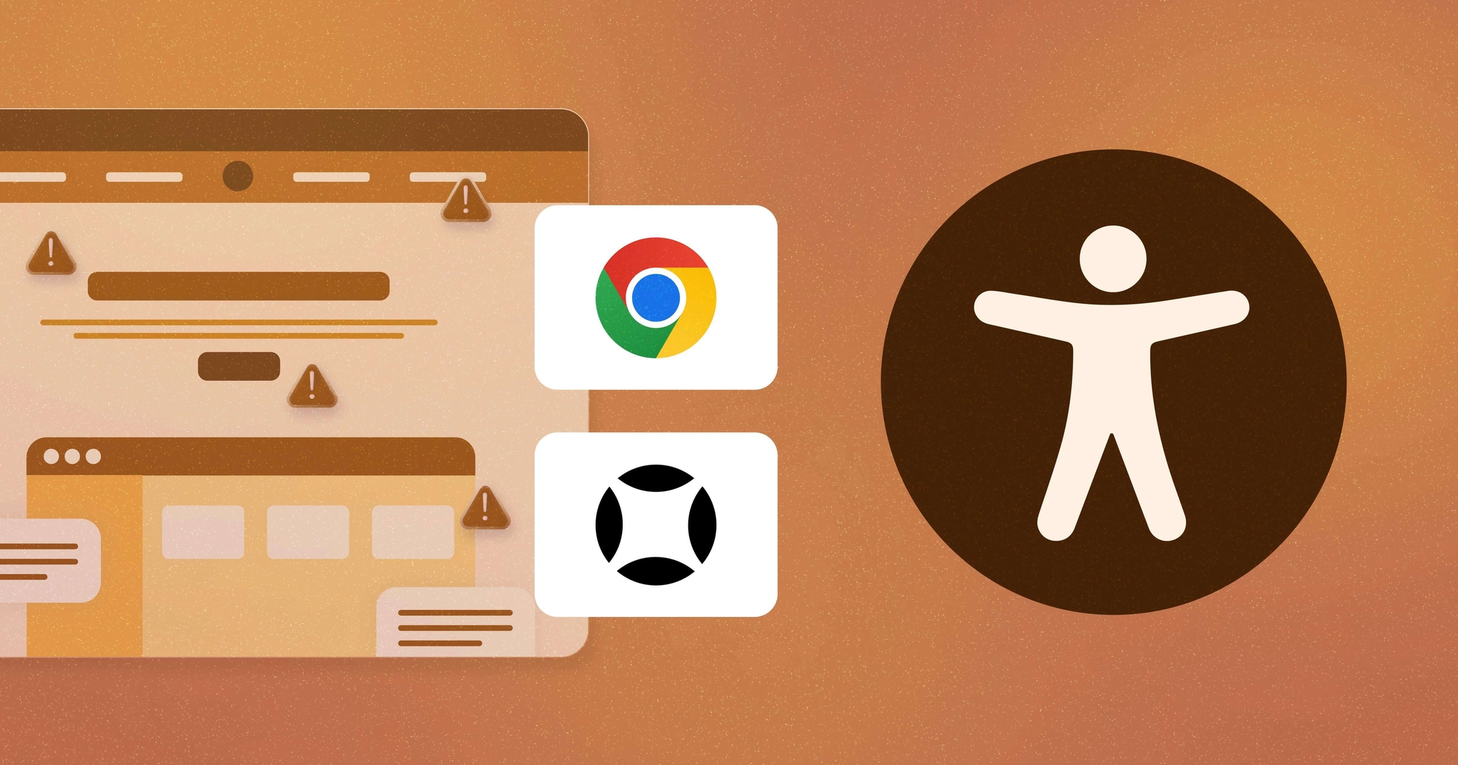 Stylized browser with AudioEye and Chrome icons next to it; larger accessibility icon is on the right.
