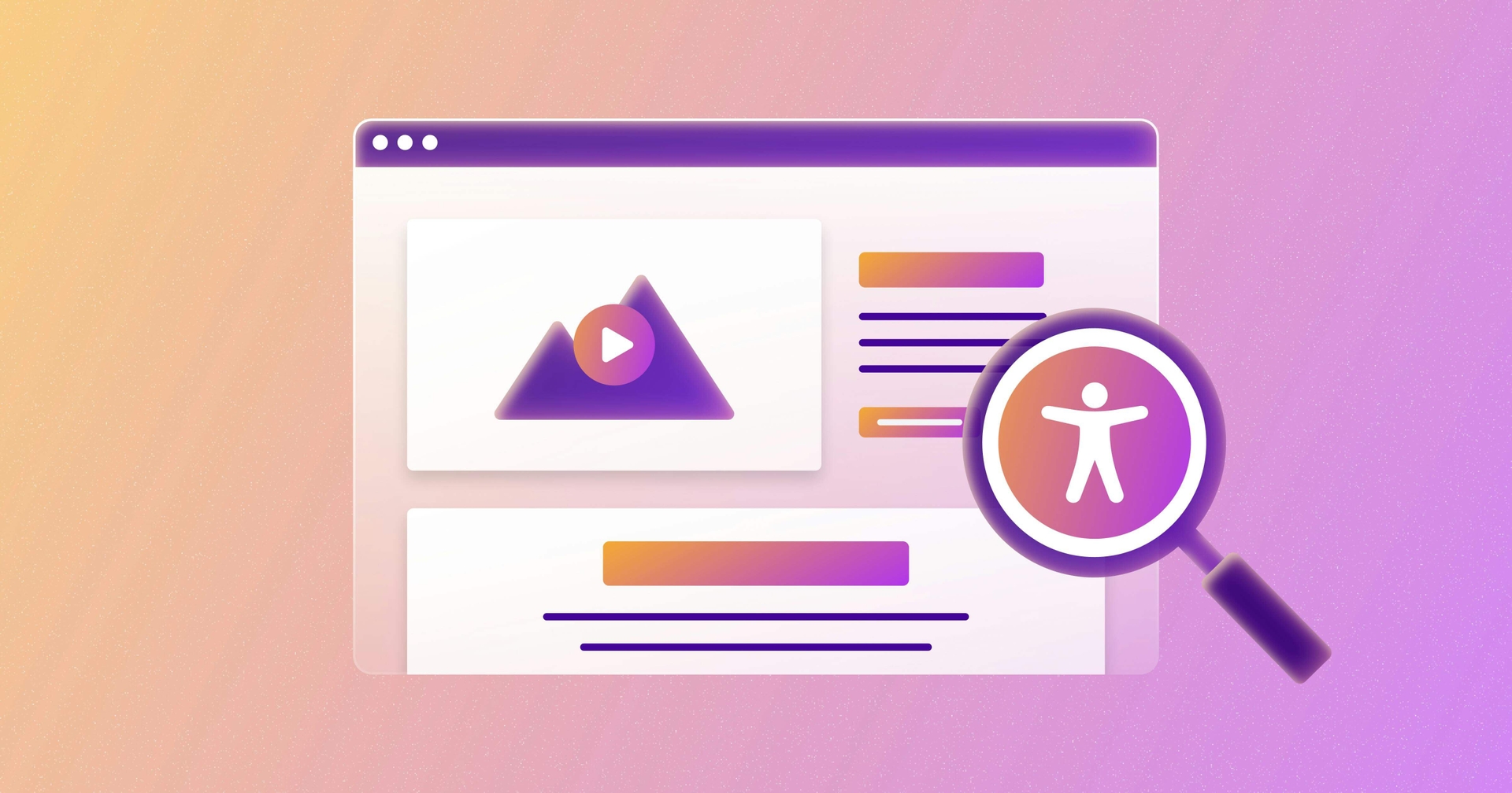 A stylized webpage with a magnifying glass positioned over an accessibility icon.