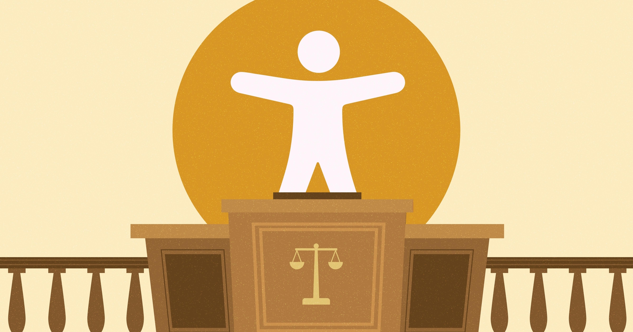 Judge's podium with a balanced scale on the front and a large accessibility symbol on top. 