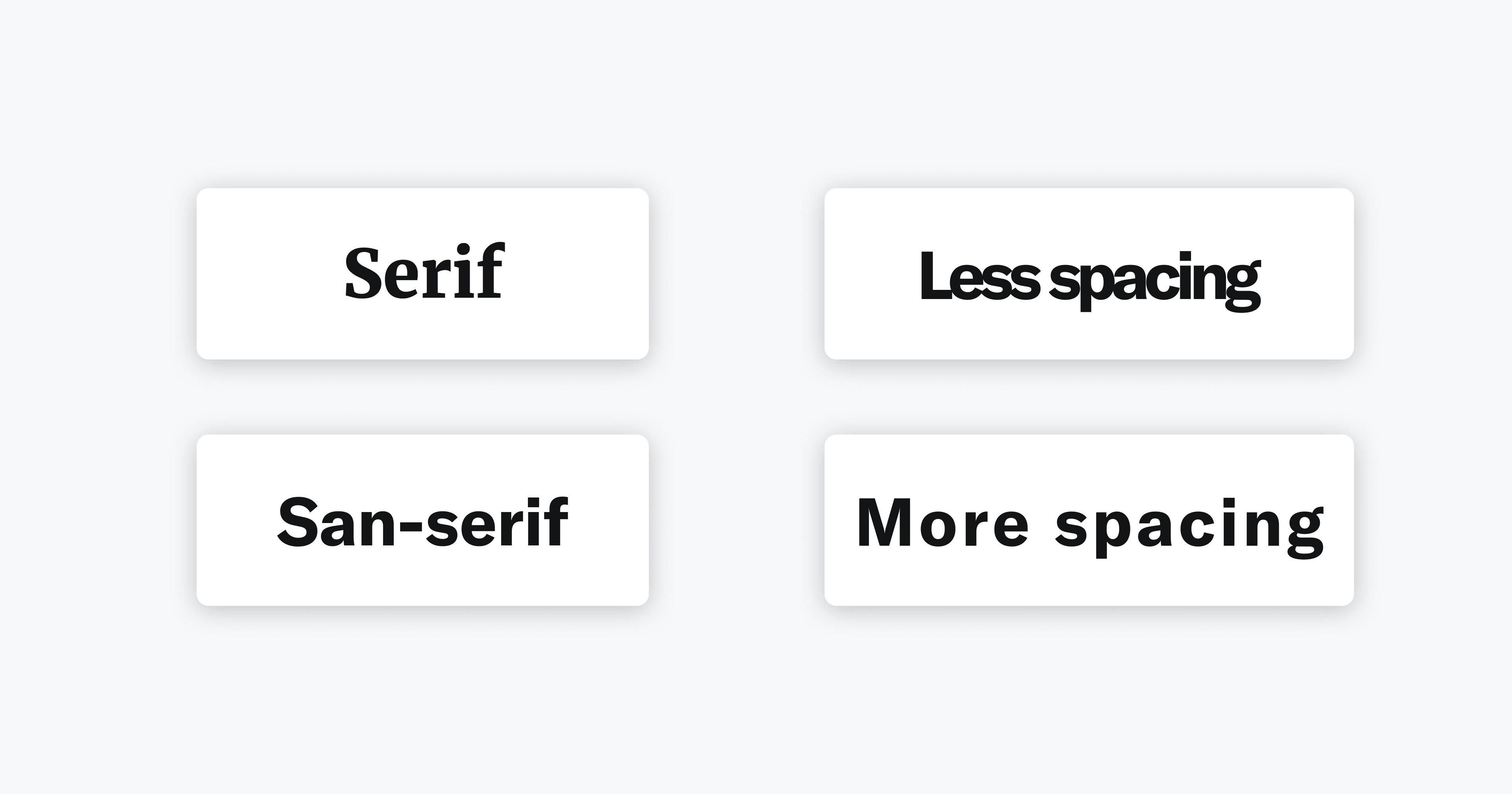 Four stacked cards that illustrate different font characterists: serif, san-serif, less spacing, and more spacing