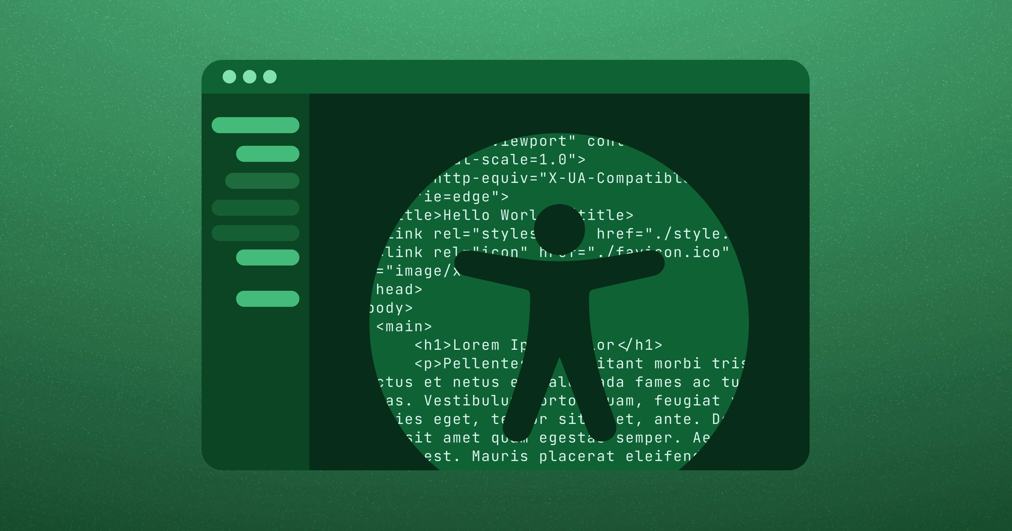 Web browser with coding across the screen; accessibility icon is in the middle.