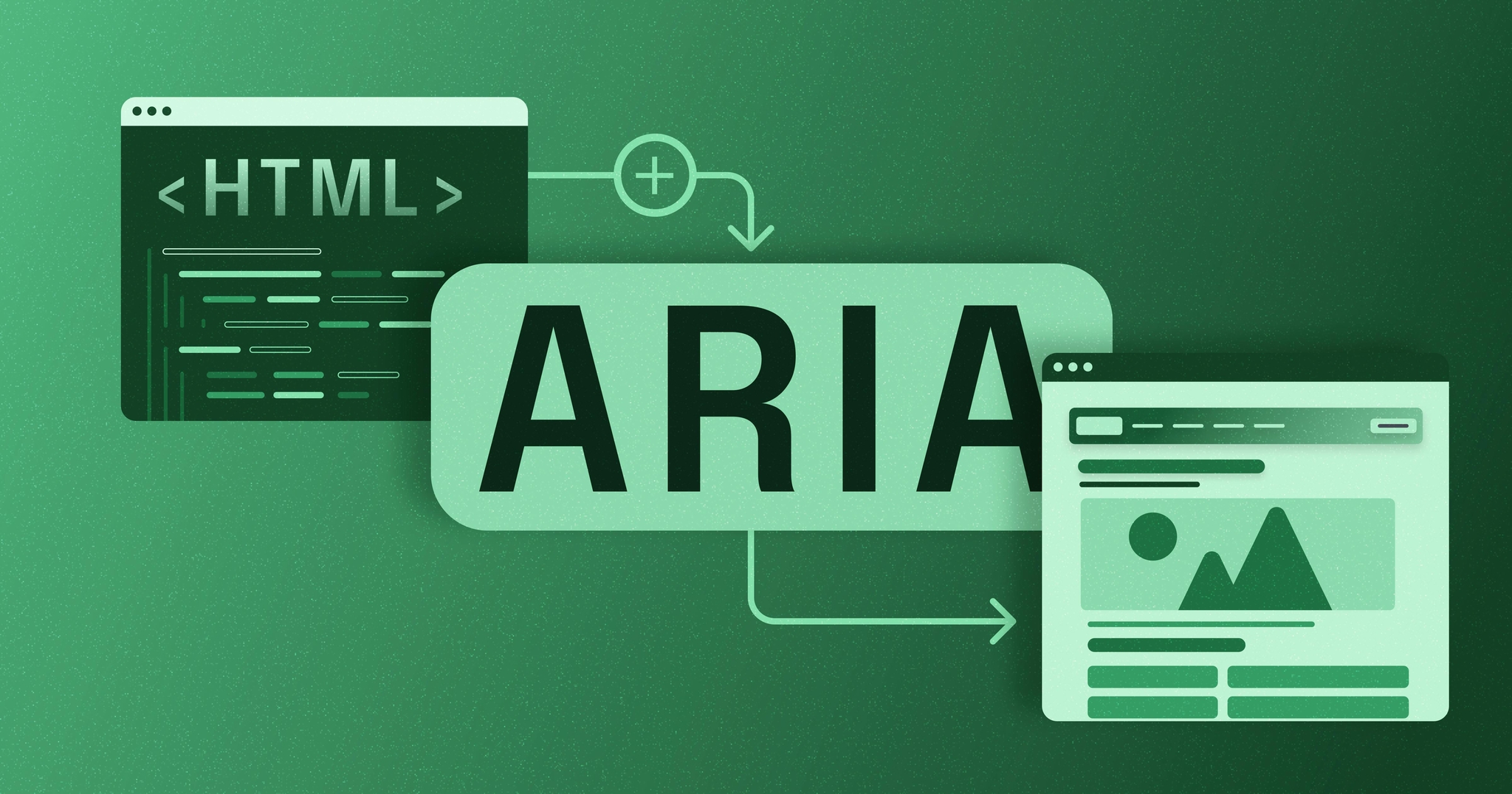 A stylized web browser, next to ARIA and HTML icons.