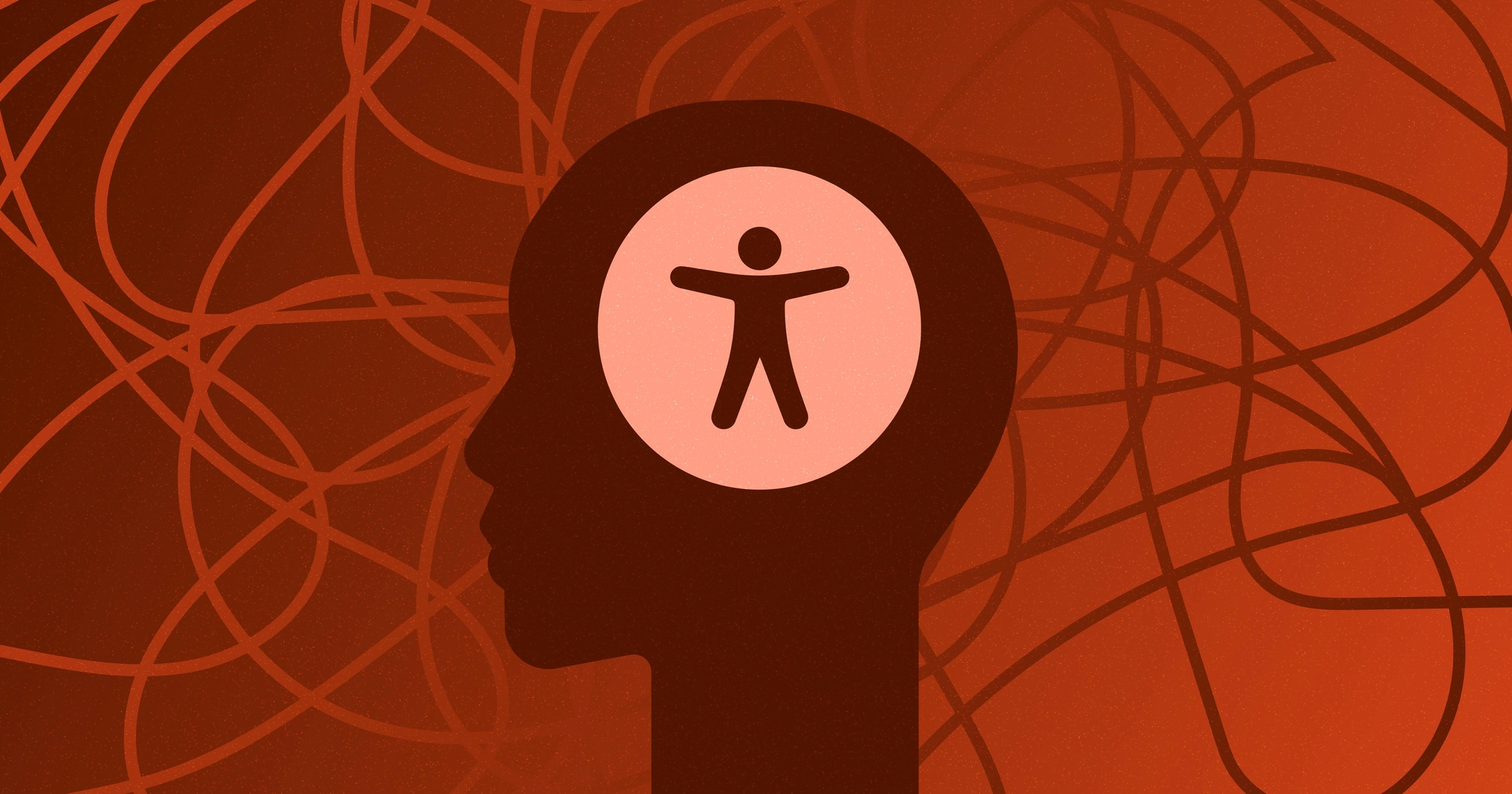 Silhouette of a head with an accessibility icon in the middle; squiggled lines surround the head.