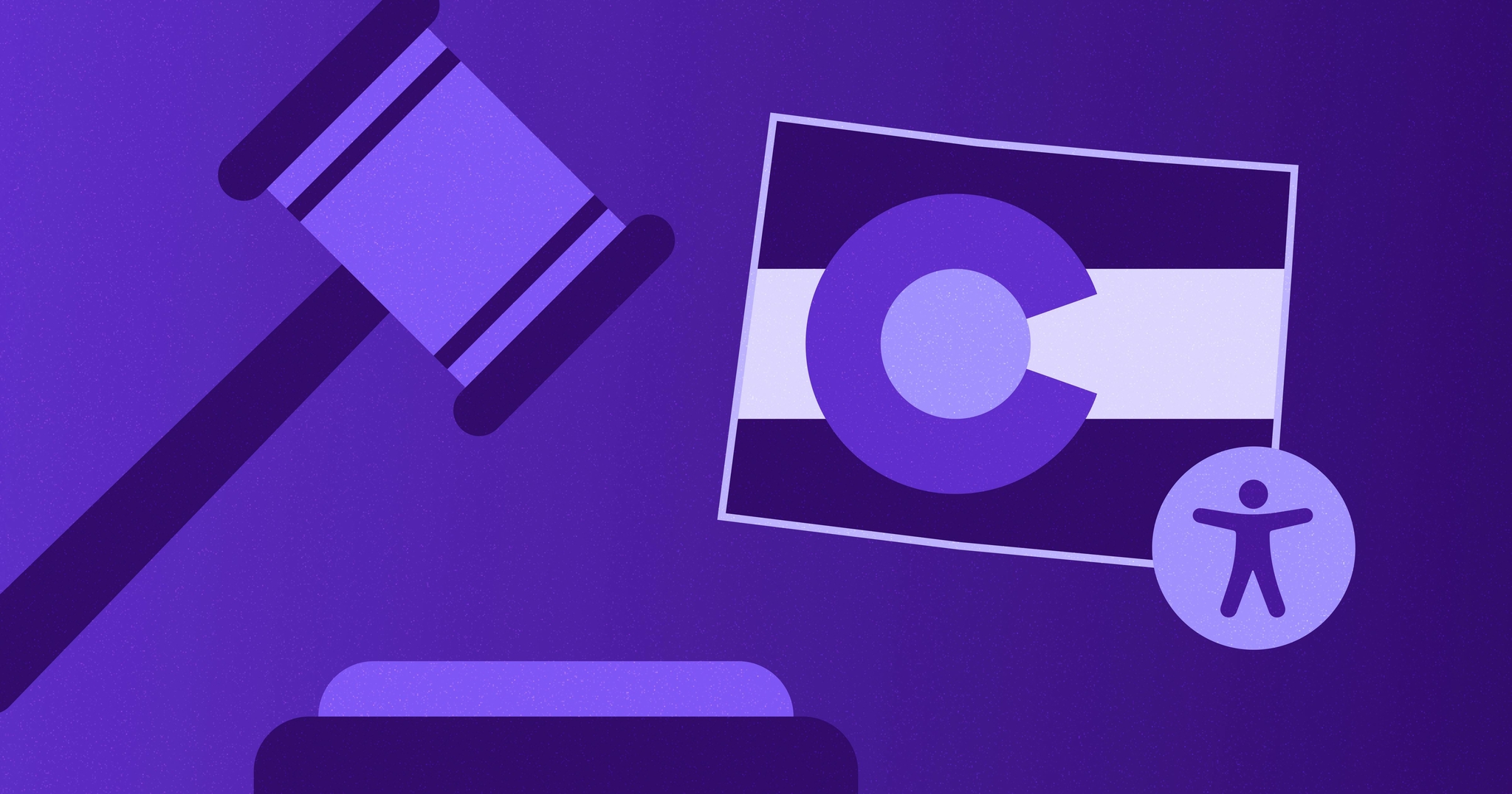 Colorado state flag next to the accessibility symbol; a gavel preparing to lower is next to the flag.