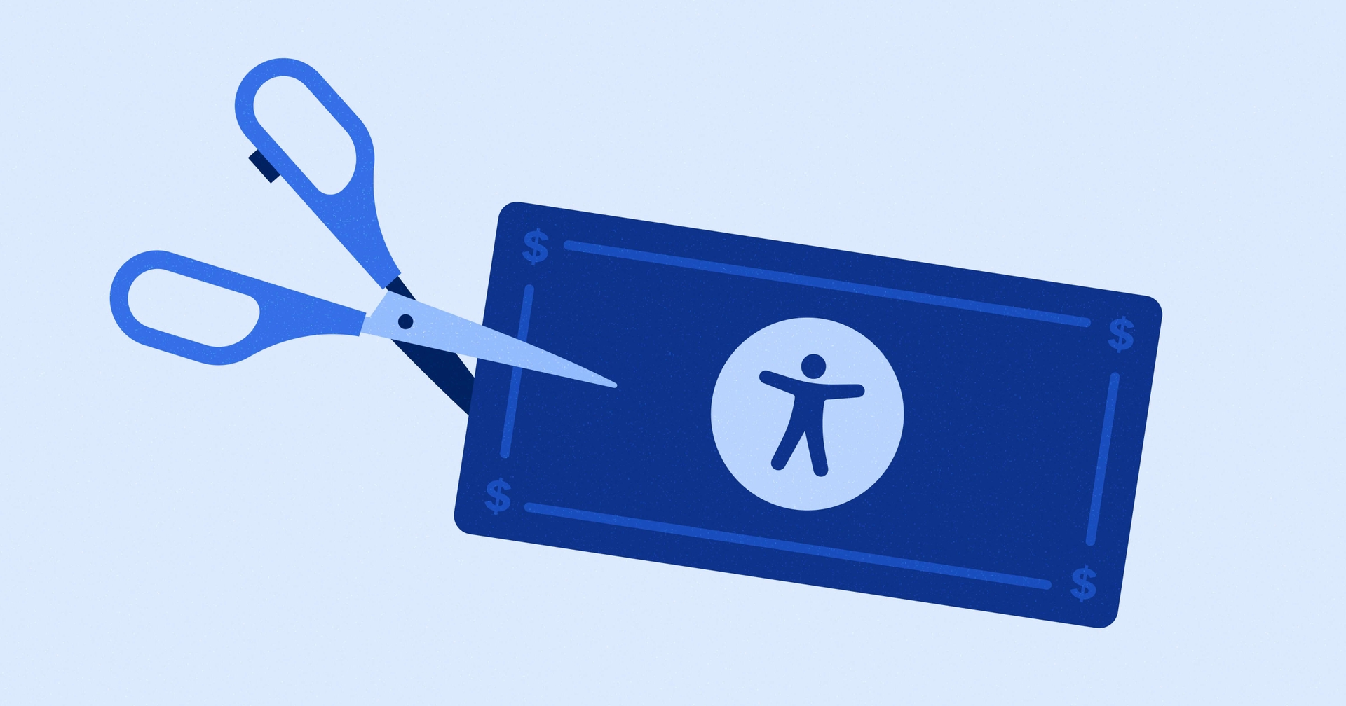 Blue dollar bill with accessibility icon being cut by a pair of scissors.