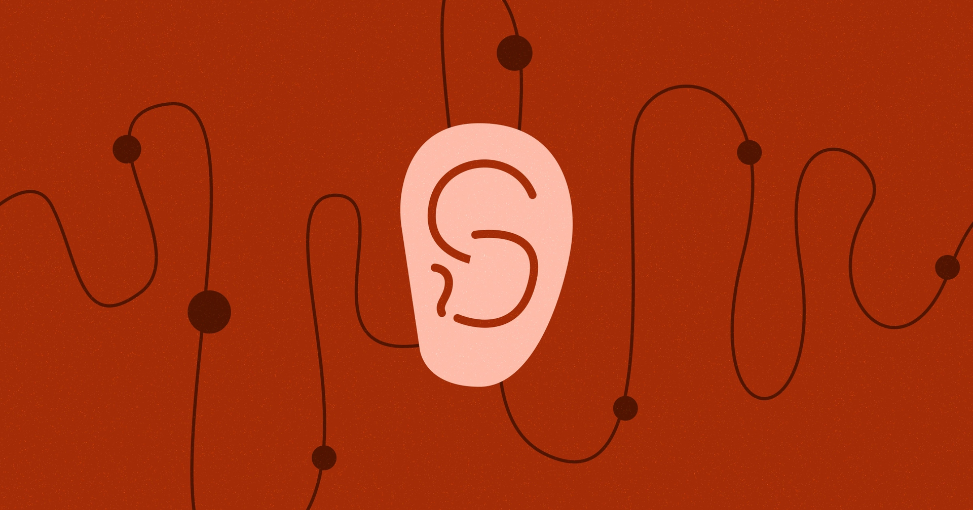 A single ear with sound waves behind it against a red background.