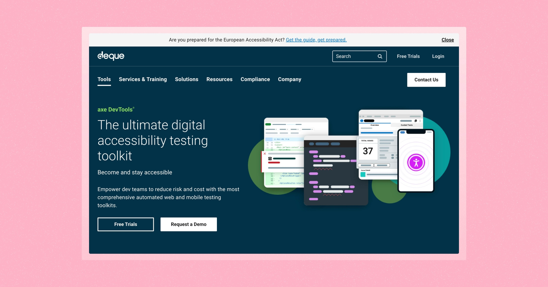 Screenshot of axe DevTools homepage.