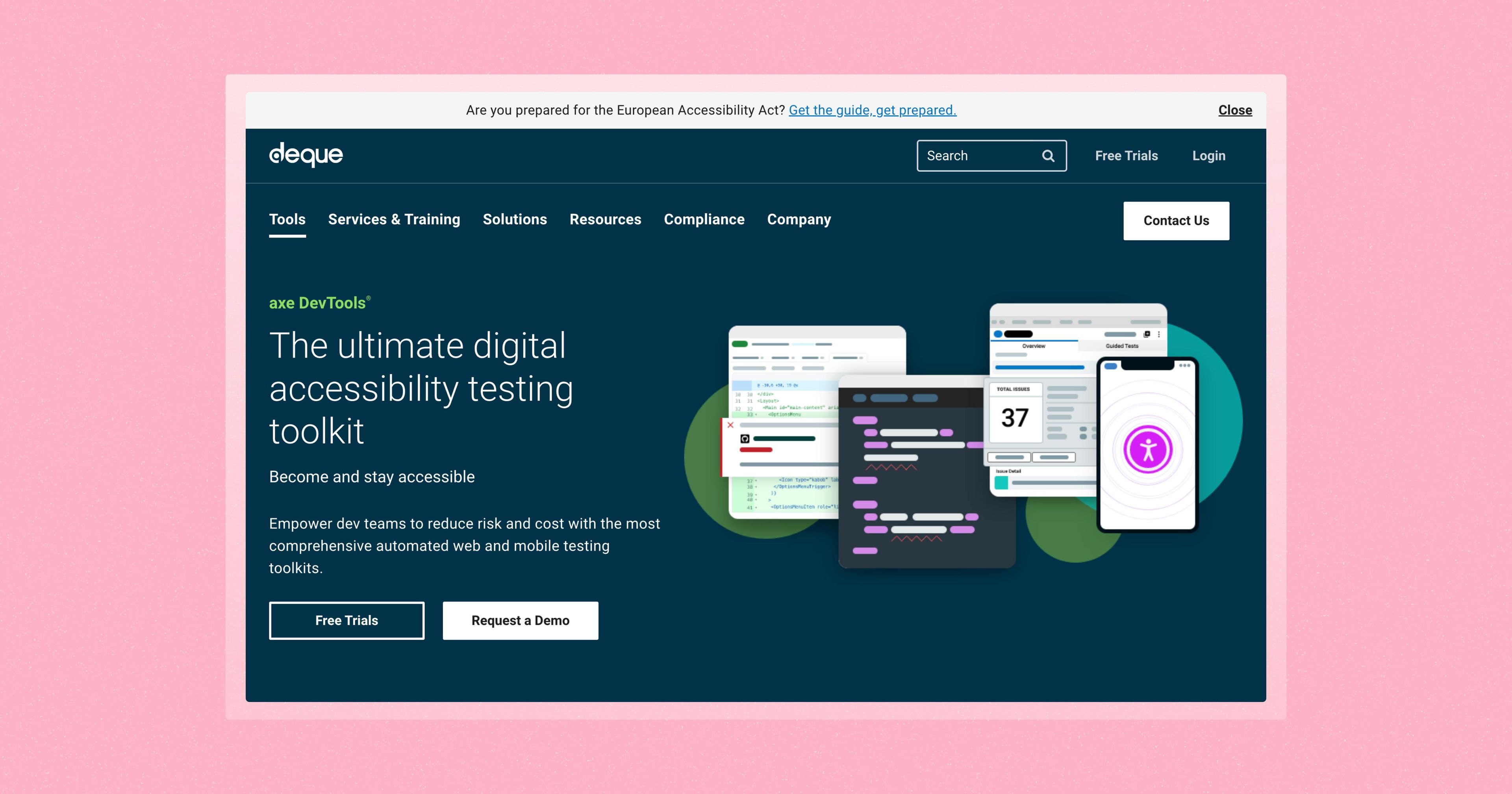 Screenshot of axe DevTools homepage.