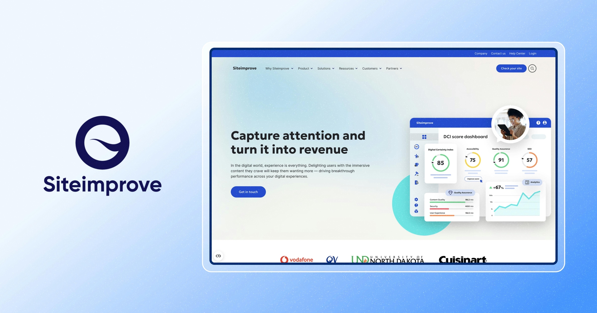 Screenshot of Siteimprove homepage with Siteimprove logo next to it.
