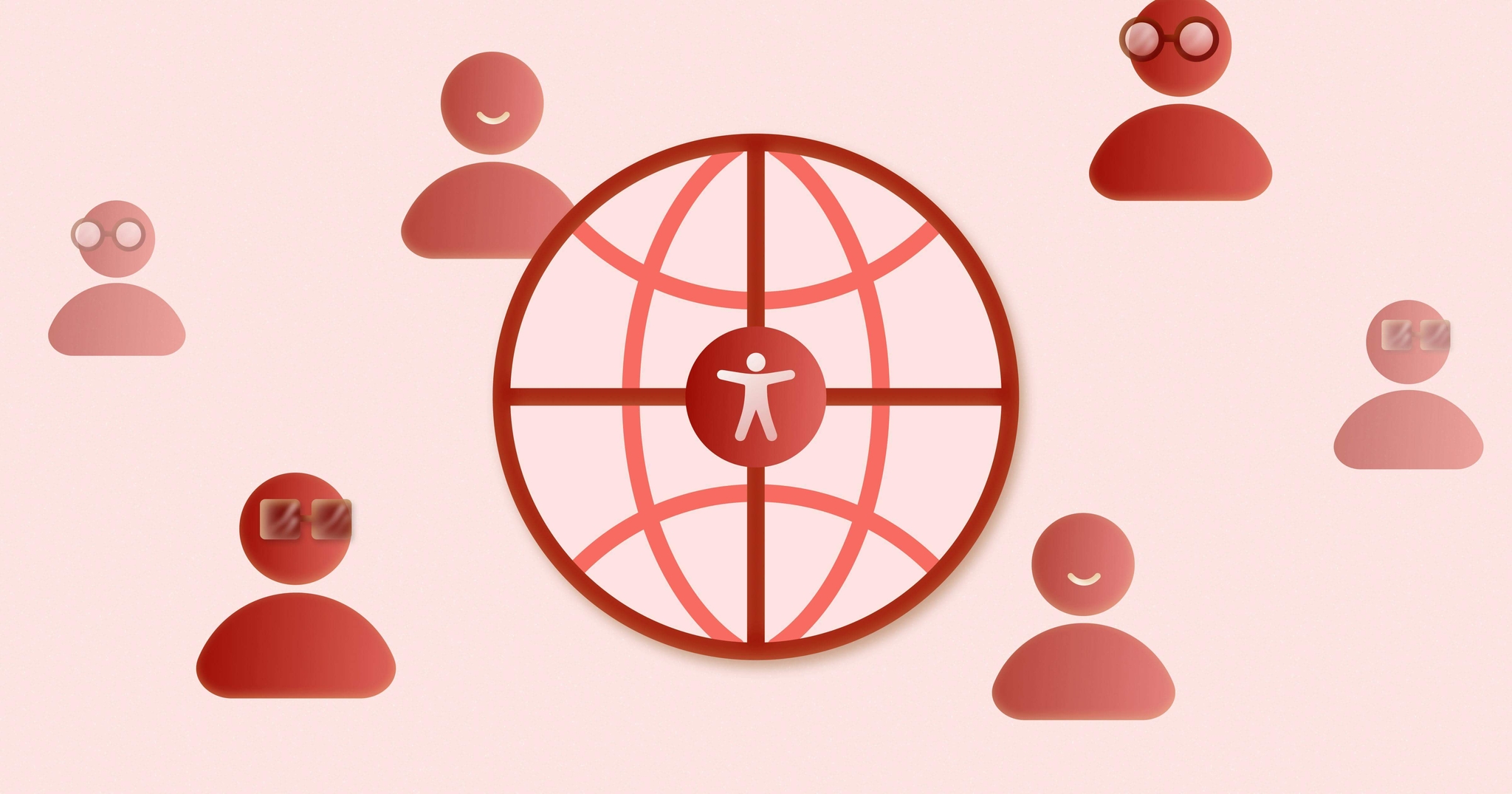 An accessibility symbol is in the middle of a minimalist graphic of earth. People surround the earth, four with glasses and two are smiling.