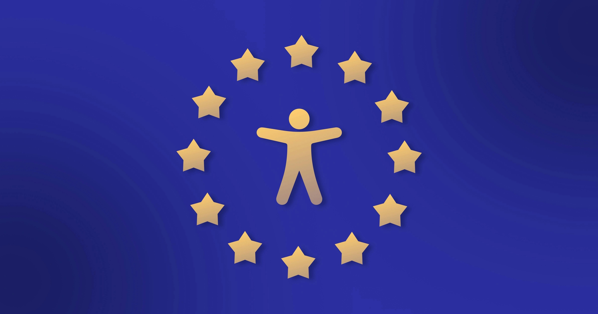 Le logo de l'Union européenne (un cercle de 12 étoiles dorées sur fond bleu) avec une icône d'accessibilité dorée au milieu.)