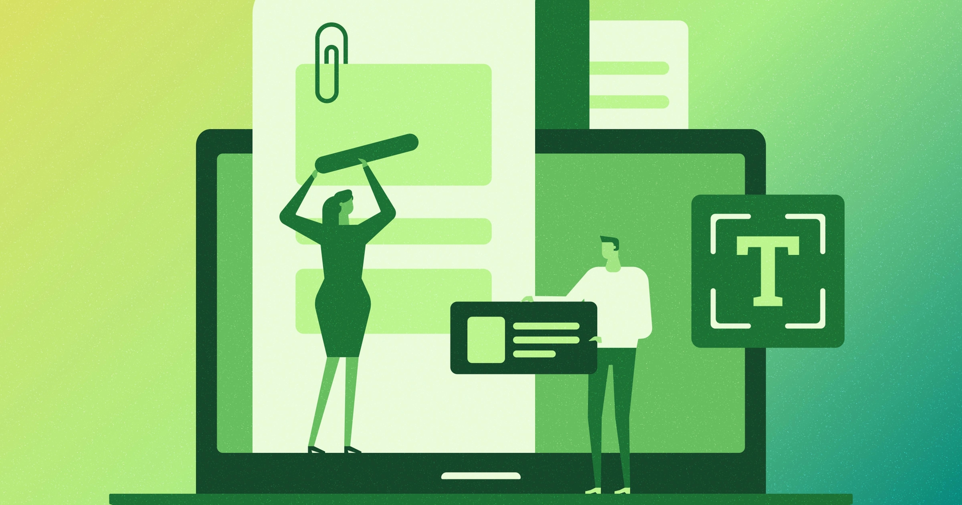 Stylized web browser with the silhouette of a woman holding a pencil over the screen and a man holding a pop-up box.