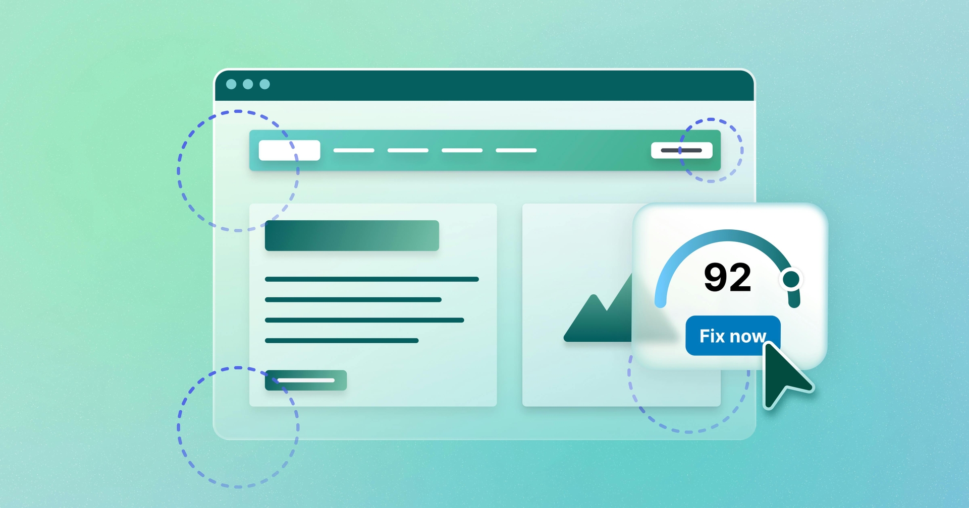 A stylized web browser that has different parts of the page highlighted for accessibility errors and a pop-up window that displays a score of '92' and a button that says 'Fix Now'.