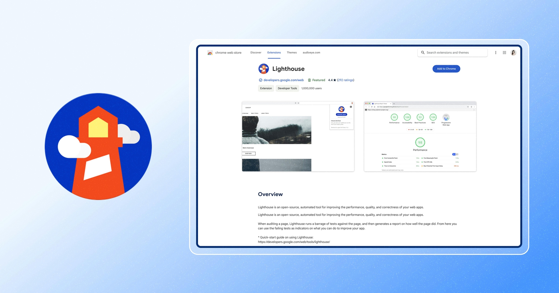 Screenshot of Google Lighthouse homepage with Google Lighthouse logo next to it