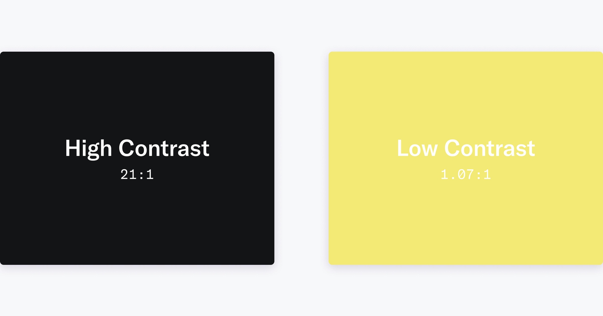 High Contrast example of white text on black background and Low Contrast example of white text on yellow background