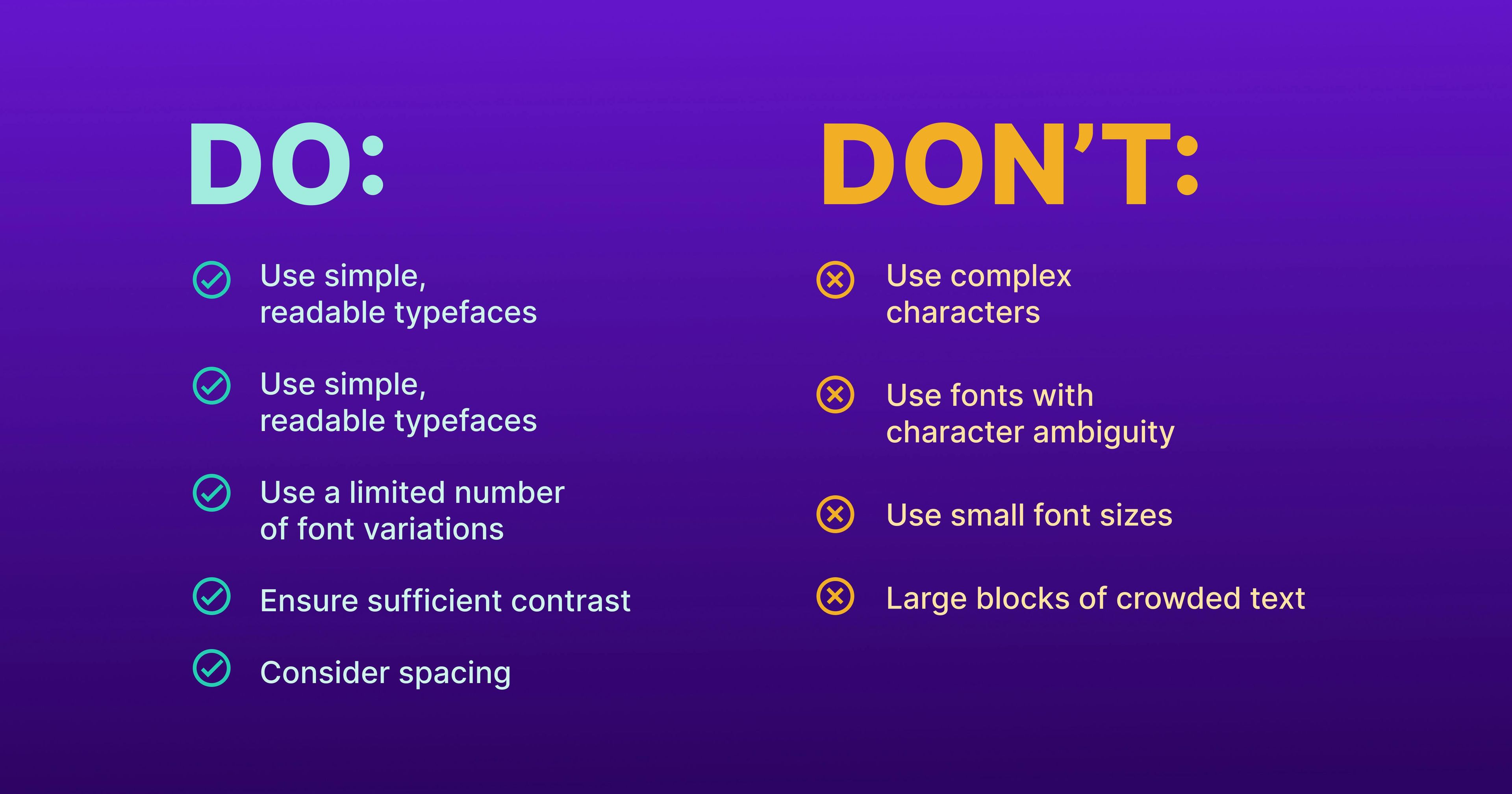 List reading 'Do' and 'Don't' for accessible fonts.