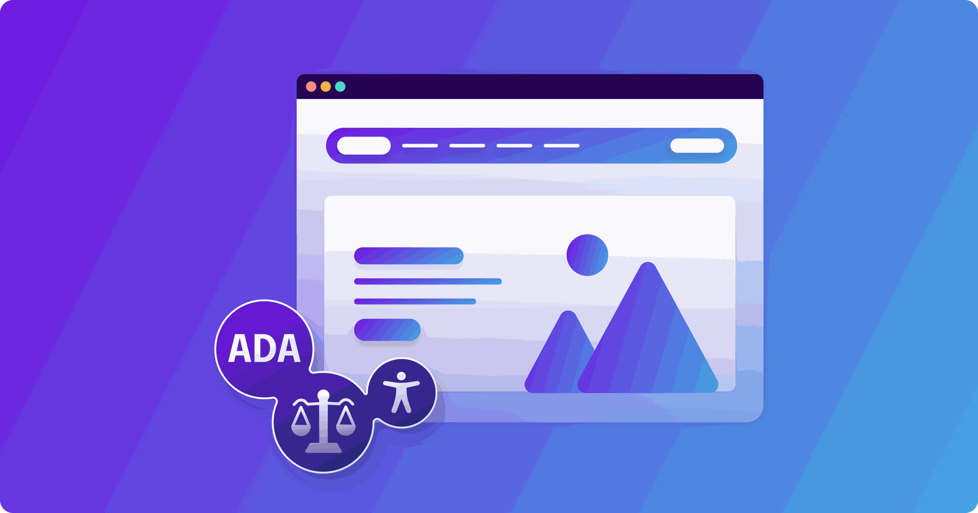 Stylized web browser with icons of 'ADA', a balanced scale, and the accessibility icon.