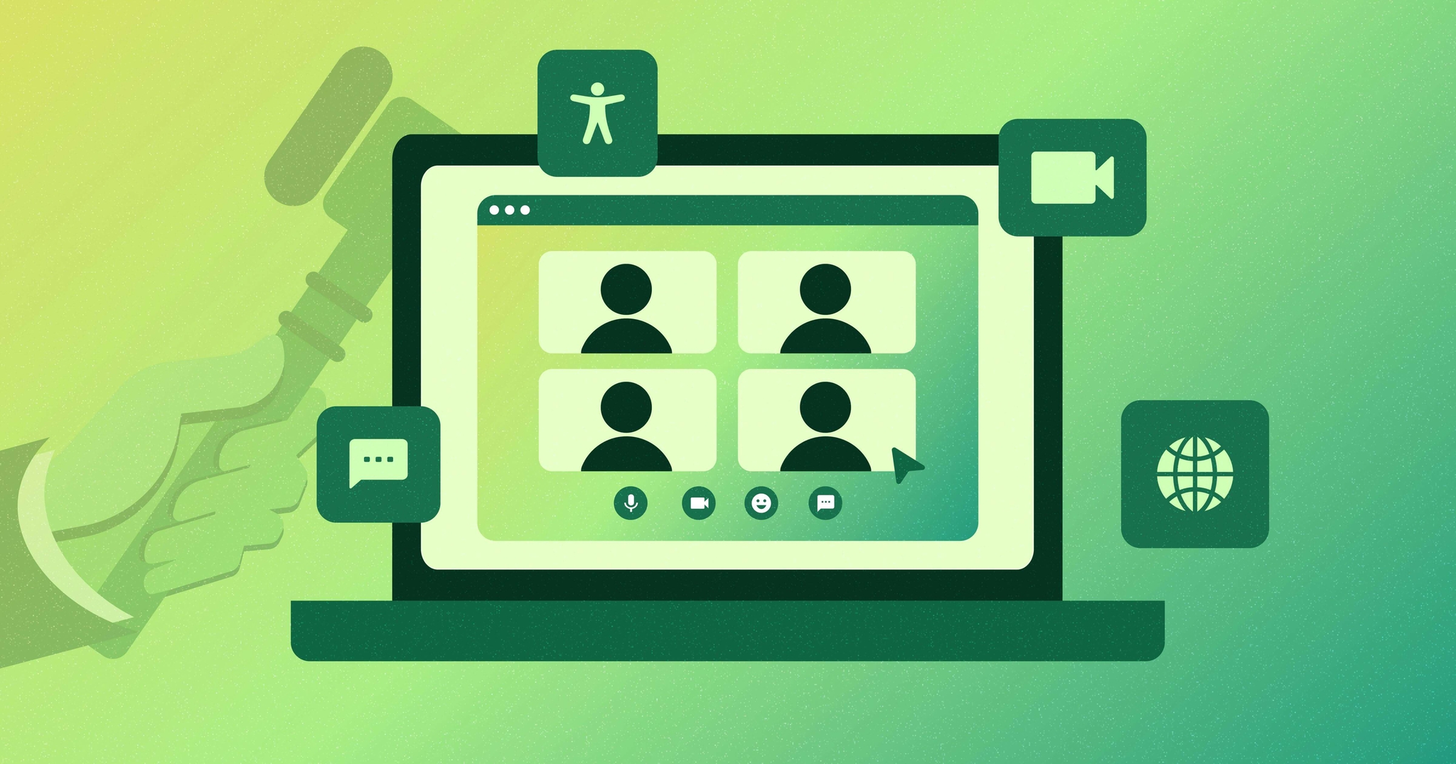 Stylized laptop screen with silhouettes of four people and a hand holding a gavel behind the screen.