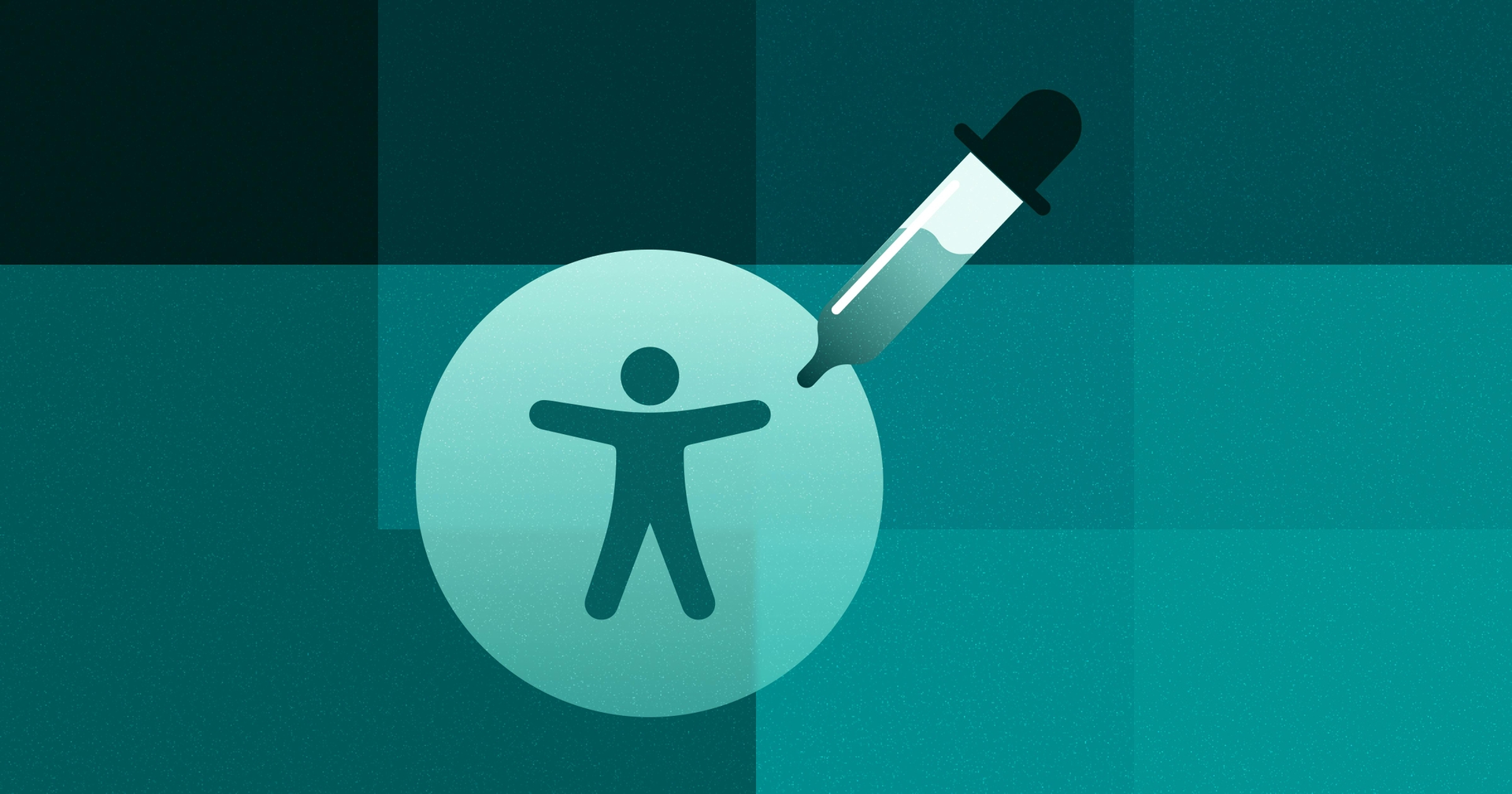 Blue pixelated background with accessibility symbol in the middle and a color dropper on top.