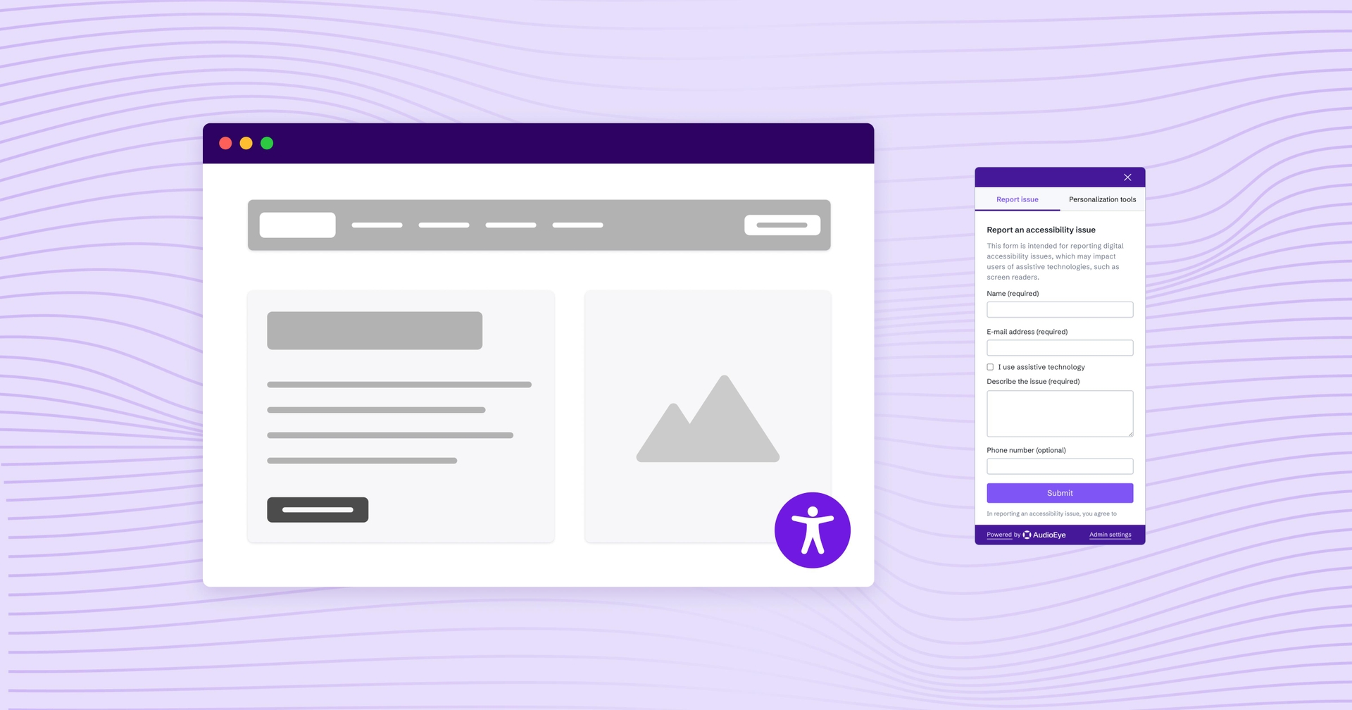 A stylized web page with an accessibility symbol at the bottom, next to a graphic of AudioEye's Accessibility Help Desk.